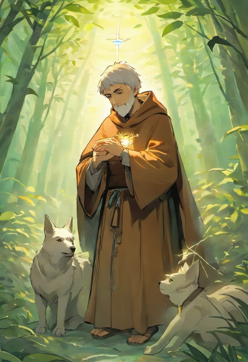 Describe a picture of St. Francis of Assisi in detail. Na cena, St. Francis is represented as a man of average height, dressed in a dark brown habit with a rope belt tied to his waist. he's barefoot, displaying the bare feet that are a hallmark of his devotion to simplicity.

St. Francis' face is illuminated by a serene and compassionate expression. His eyes are deep and full of kindness, and his gaze seems to be turned to heaven in divine reverence. Uma aura de paz irradia de sua figura.

In one hand, San Francisco holds a small bird, symbolizing his love and respect for all of God's creation. The bird rests softly on its open palm, manifestando a harmonia que ele buscava entre os seres humanos e a natureza.

A seu lado, vemos um lobo deitado, which symbolizes the legend of St. Francis taming Gubbio's ferocious wolf with love and compassion. The wolf looks at St. Francis with confidence and submission.

Behind San Francisco, There is a setting of a natural and serene environment, with trees, flores e um riacho que flui suavemente. The soft sunlight shines through the leaves of the trees, criando um ambiente de paz e harmonia.

The image of St. Francis of Assisi is a touching representation of his devotion to the faith, to nature and peace. It captures the essence of his loving personality and his mission to care for the less fortunate, of God's creation and of all living beings