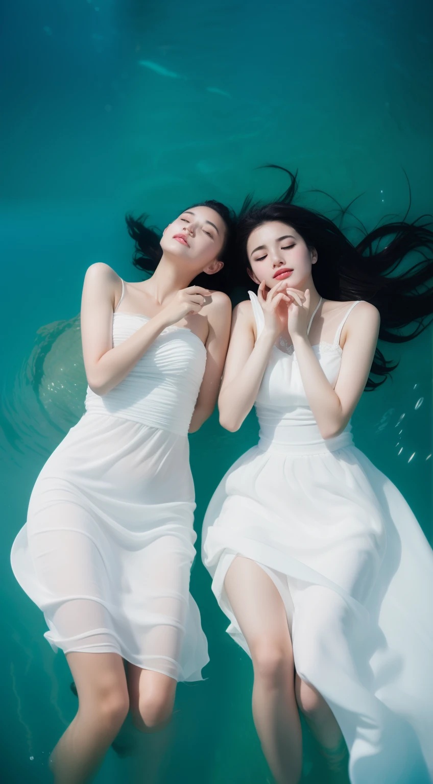 (RAW photo, Best quality), (Realistic, photo-realistic:1.2),High quality,  1girll,full bodyesbian，white dresses，closed eyes,,enjoy,，Under water