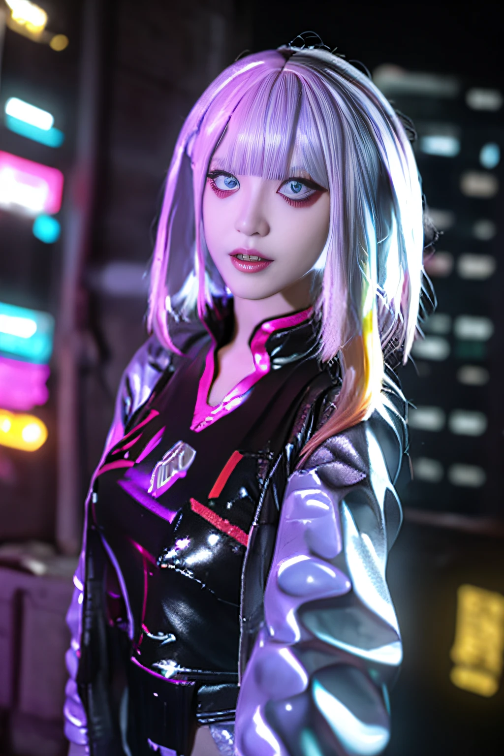 lucy \(cyberpunk\), 1girl,  hair scrunchie, hime cut, silver hair, colored tips, full moon, grey eyes, jacket, long sleeves, looking at viewer, medium hair, multicolored hair, parted bangs, parted lips, pink hair, portrait, red eyeliner, red lips, solo, white jacket, cyberpunk \(series\), rainy night in a cyberpunk city with glowing neon lights