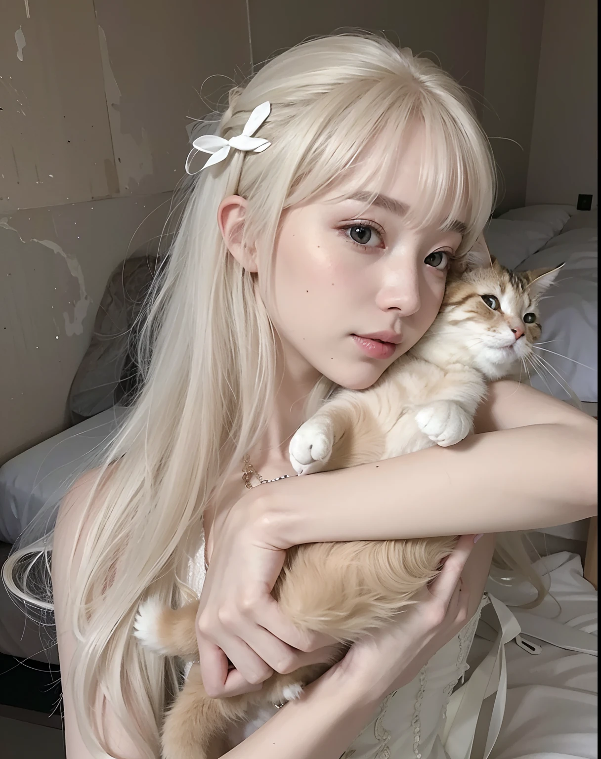 Blond-haired girl holding a cat in her arms, longos cabelos brancos e franja, com cabelos longos brancos, com longos cabelos brancos, menina do gato branco, Branco ( Gato ) garota, muito bonita gatinha fofa, Ulzzang, longos cabelos brancos, pale hair, cabelos brancos, cabelos brancos, cabelos longos brancos, menina perfeita de cabelos brancos, menina gato atraente