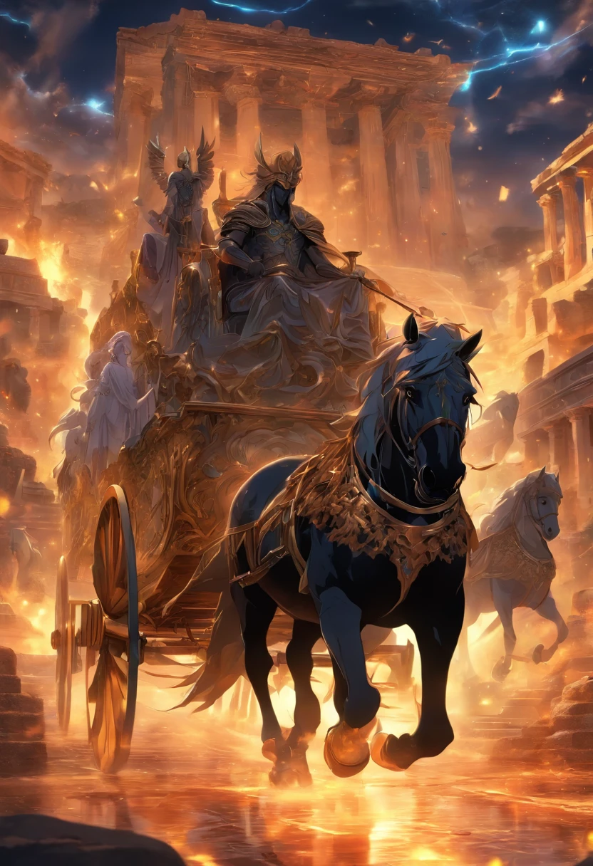 (((chariot )))best quality, very high resolution, 4K detailed CG, master piece,Greek mythology,emerged from the underworld,chariot,two black horses,Greece,,Greek ruins,garden,Roman,cart,cart of the underworld, ((only two horses in the image)),Roman mythology,god Pluto,beautiful aesthetics,Beautiful image,centered on the screen