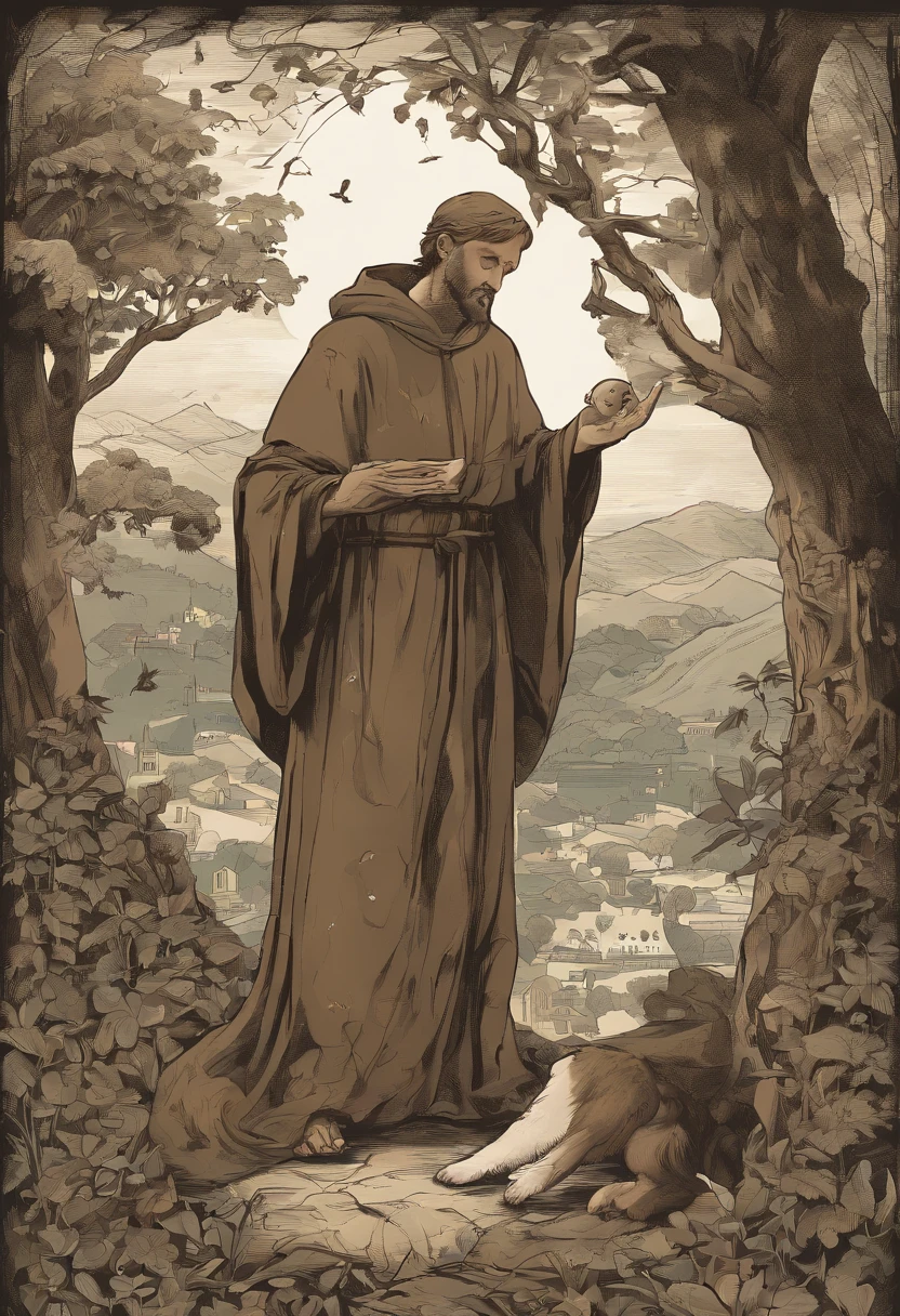 Describe a picture of St. Francis of Assisi in detail. Na cena, St. Francis is represented as a man of average height, dressed in a dark brown habit with a rope belt tied to his waist. he's barefoot, displaying the bare feet that are a hallmark of his devotion to simplicity.
St. Francis' face is illuminated by a serene and compassionate expression. His eyes are deep and full of kindness, and his gaze seems to be turned to heaven in divine reverence. Uma aura de paz irradia de sua figura.
In one hand, San Francisco holds a small bird, symbolizing his love and respect for all of God's creation. The bird rests softly on its open palm, manifestando a harmonia que ele buscava entre os seres humanos e a natureza.
A seu lado, vemos um lobo deitado, which symbolizes the legend of St. Francis taming Gubbio's ferocious wolf with love and compassion. The wolf looks at St. Francis with confidence and submission.
Behind San Francisco, There is a setting of a natural and serene environment, with trees, flores e um riacho que flui suavemente. The soft sunlight shines through the leaves of the trees, criando um ambiente de paz e harmonia.
The image of St. Francis of Assisi is a touching representation of his devotion to the faith, to nature and peace. It captures the essence of his loving personality and his mission to care for the less fortunate, of God's creation and of all living beings