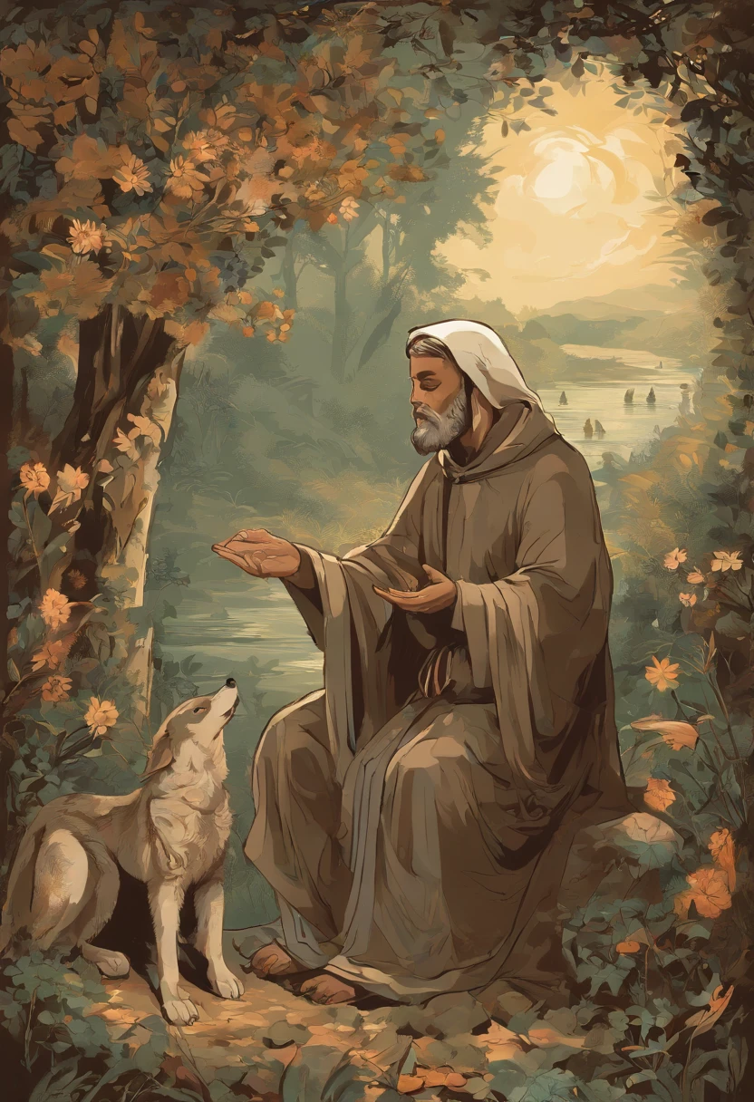 Describe a picture of St. Francis of Assisi in detail. Na cena, St. Francis is represented as a man of average height, dressed in a dark brown habit with a rope belt tied to his waist. he's barefoot, displaying the bare feet that are a hallmark of his devotion to simplicity.

St. Francis' face is illuminated by a serene and compassionate expression. His eyes are deep and full of kindness, and his gaze seems to be turned to heaven in divine reverence. Uma aura de paz irradia de sua figura.

In one hand, San Francisco holds a small bird, symbolizing his love and respect for all of God's creation. The bird rests softly on its open palm, manifestando a harmonia que ele buscava entre os seres humanos e a natureza.

A seu lado, vemos um lobo deitado, which symbolizes the legend of St. Francis taming Gubbio's ferocious wolf with love and compassion. The wolf looks at St. Francis with confidence and submission.

Behind San Francisco, There is a setting of a natural and serene environment, with trees, flores e um riacho que flui suavemente. The soft sunlight shines through the leaves of the trees, criando um ambiente de paz e harmonia.

The image of St. Francis of Assisi is a touching representation of his devotion to the faith, to nature and peace. It captures the essence of his loving personality and his mission to care for the less fortunate, of God's creation and of all living beings