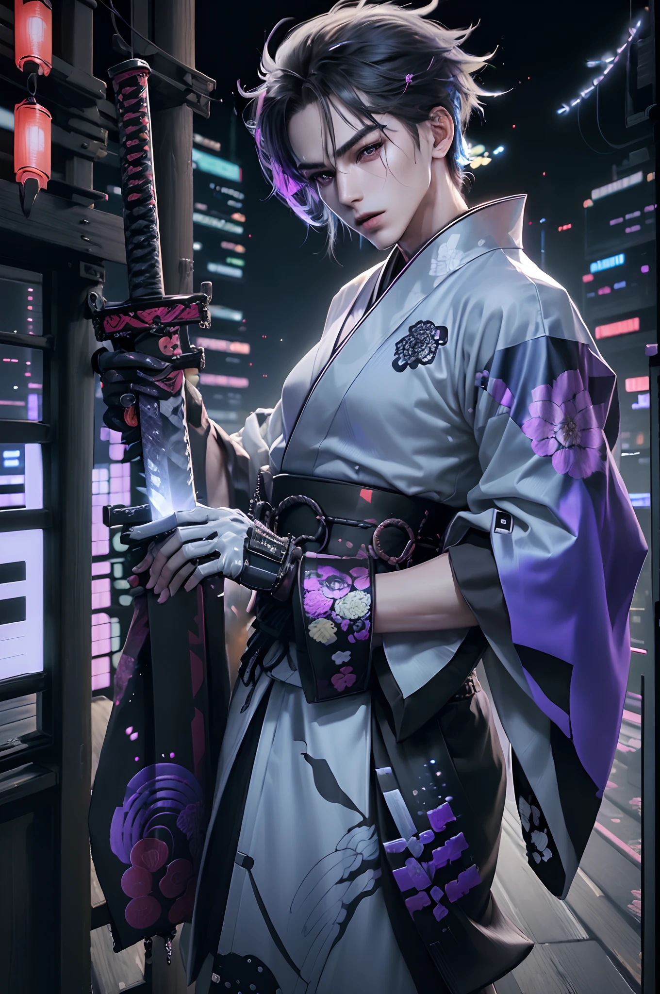 male people、hakama、(muscular build)、((Ultra-fine)),​masterpiece,top-quality,(1 persons),((samurais)),mechs,((cyberpunked)),((Coveralls)),(illustratio),(samurais),((full body Esbian)),((Background through)),(独奏),Standing、 (Wear boots on your feet),(useless),Komono,(((colourfull))),Near the future,(((ciber))),[[the chaos]],Game Logo,(((ciber))),virtual,(((Traffic color)),neon color,(((Futuristic clothes)),Men with short hair、 Electromechanical,multi colored,colourfull,neons,Fluorescent color,((Wearing kimono)),((gloves)),((Stylish style)),((Hakama)),((Screwed into the sleeve joint)),・Japanese pattern on the sleeve,long hem,((Fluorescent decoration on long sleeves)),((Decoration code)),cyberpunked,((Japanese Katana Sword)),((ciber)),Good youth,Beautiful eyes in every detail,Gray eyes,A dark-haired,twinks,(White background)