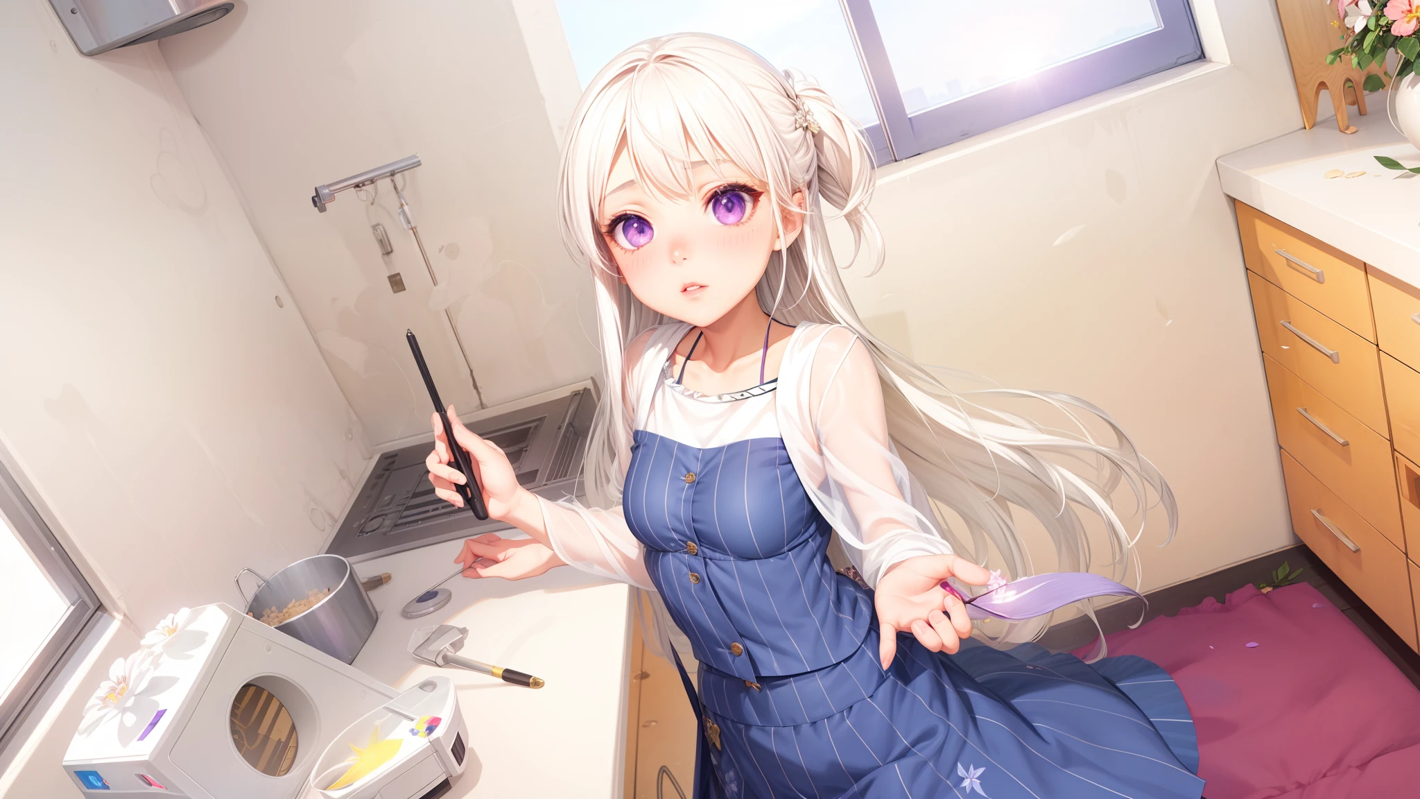 realistic, 1girl, white hair, purple eyes, glowing eyes, crop top, skirt, parted lips, blush, night, flowers, sun, sunlight,
