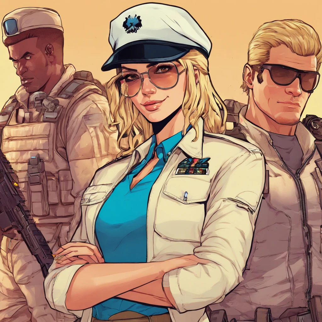 At the center of the image is a blonde, blue-eyed woman wearing a white military suit. She has a polite smile on her face and doesn't wear sunglasses; Second, to the left of the image is a man with a slightly darker shade of blond hair in a neat style. He will be wearing black tactical gear with a black cap and glasses. He has a serious countenance; Third, to the right of the image is a blonde woman with short hair. She will also be wearing black tactical gear with a black cap and glasses. She has a neutral countenance
