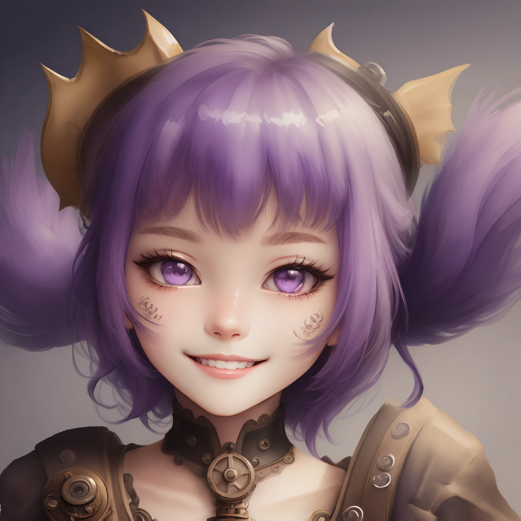 purple monster character, shiny skin, glare, drawing of small details, high degree of detail, muted colors, pale blurred background, dreamy nostalgic, steampunk style, watercolor, traced hairs, small detailed details, kind eyes, ironic smile, traced paws