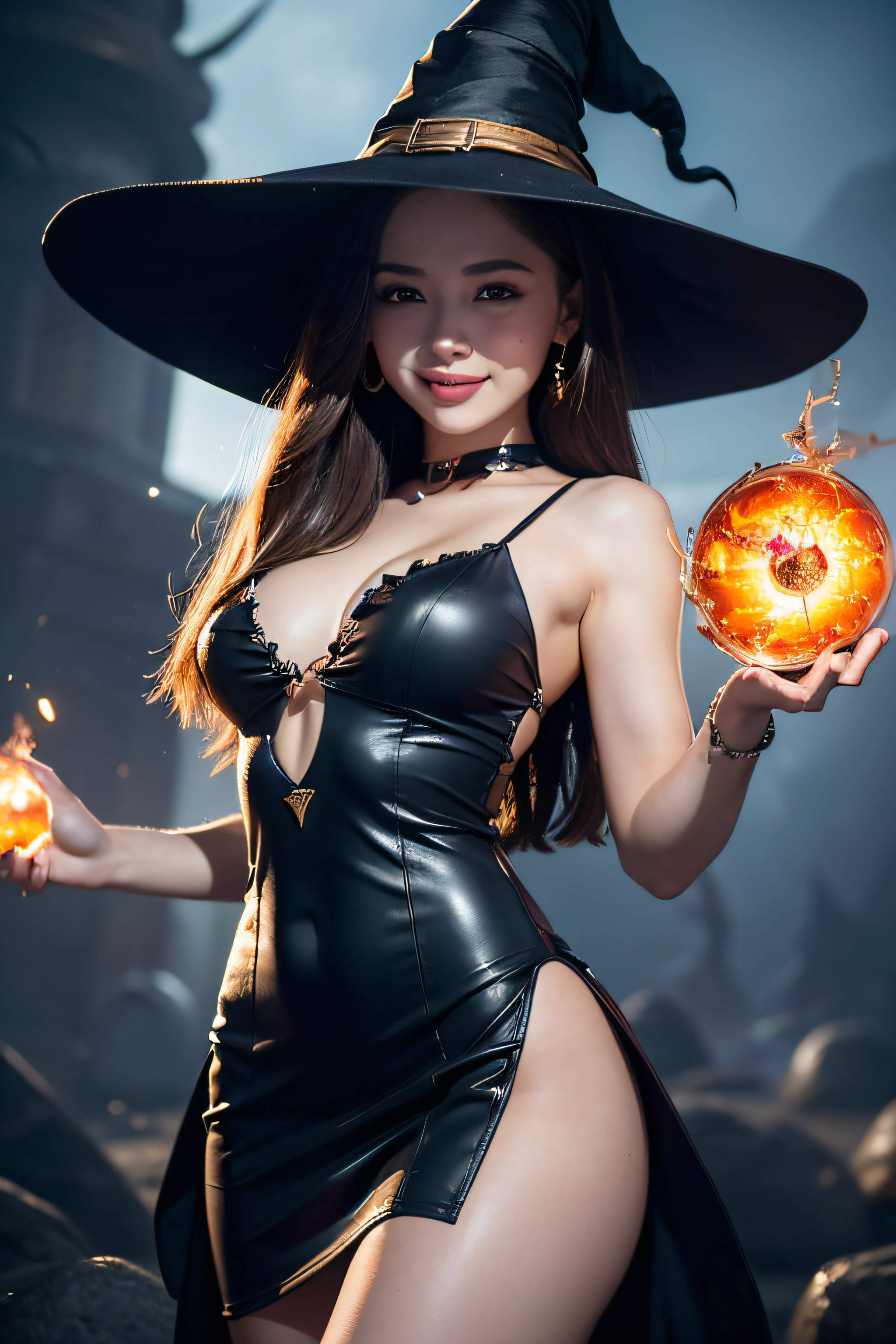 ((Best Quality, 8K, Masterpiece: 1.3)),Sharp: 1.2,Perfect Body Beauty: 1.4,cute girl,Highly detailed face and skin texture,detailed eyes,double eyelids,smile,(slit tight skirt),tight-dress,((fantasy)),((witch)),spread arms,((using fireball magic)),(wide shot)