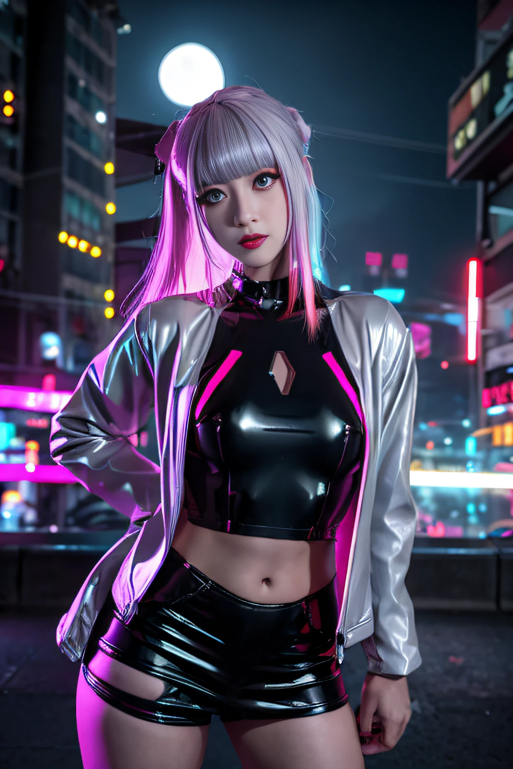 lucy \(cyberpunk\), 1girl,  hair scrunchie, hime cut, silver hair, colored tips, full moon, grey eyes, jacket, long sleeves, looking at viewer, medium hair, multicolored hair, parted bangs, parted lips, pink hair, portrait, red eyeliner, red lips, solo, white jacket, cyberpunk \(series\), rainy night in a cyberpunk city with glowing neon lights