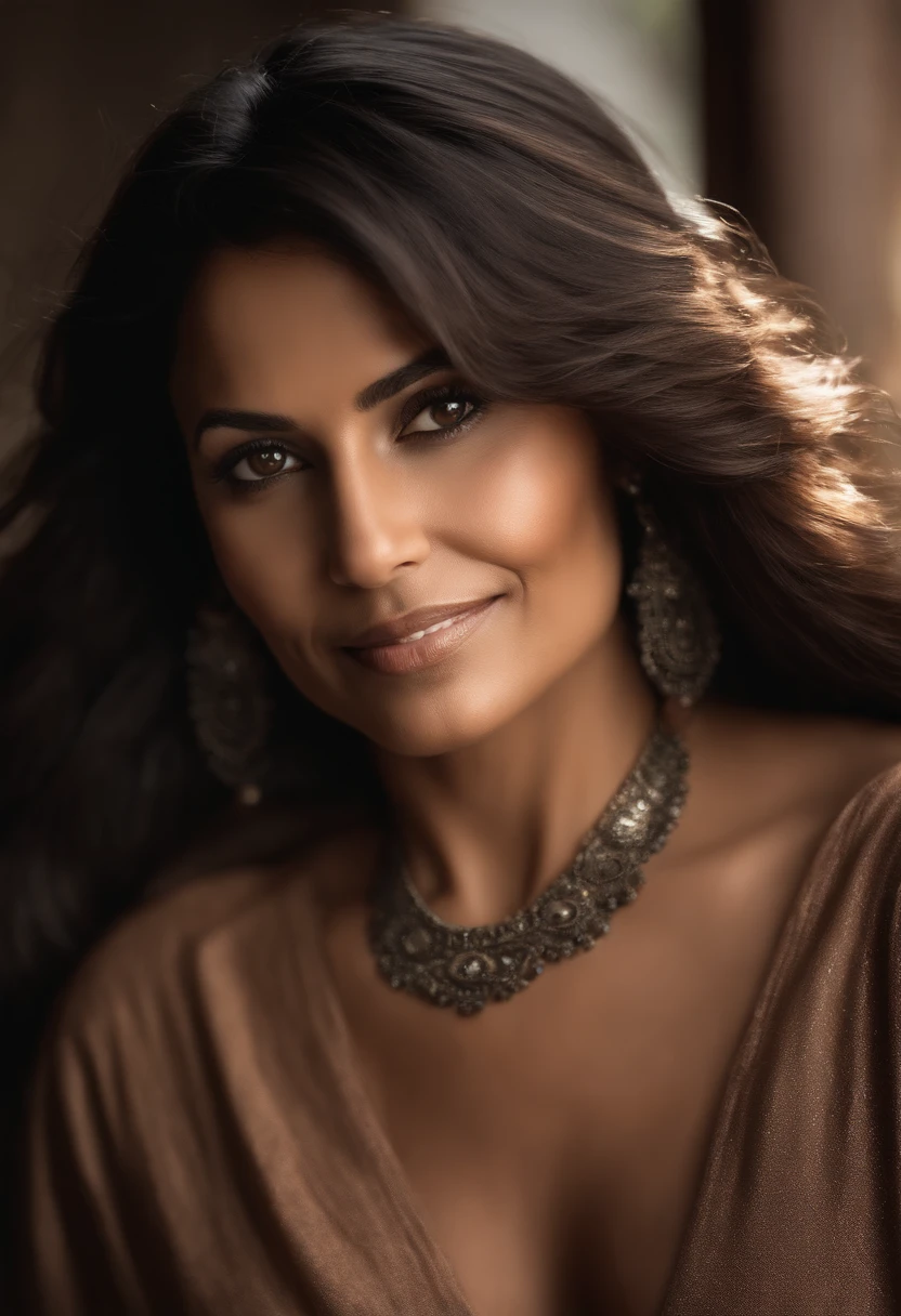 A 49-year-old Latina woman with short brunette hair. Her dark brown eyes are fixed on the camera, conveying serenity and spiritual wisdom. She wears light clothes that emanate spirituality, in a mystical and illuminated environment, where the soft light highlights her calm and mysterious aura. She has dark skin, which seems to exude a natural glow. Her hair is short, with a cut that highlights her confident and spiritual expression. The strands are the color of ebony, with some natural highlights that shine softly in the light. Her eyebrows are well defined and complement her expressive eyes. Dark brown eyes are deep and penetrating, reflecting a wisdom that comes from enriching life experiences. They seem capable of seeing beyond appearances and delving into the depths of the human spirit. Her face is serene, with soft features that suggest compassion and empathy. She has a gentle smile that radiates calmness and confidence. Her presence is welcoming and inspiring, making thos