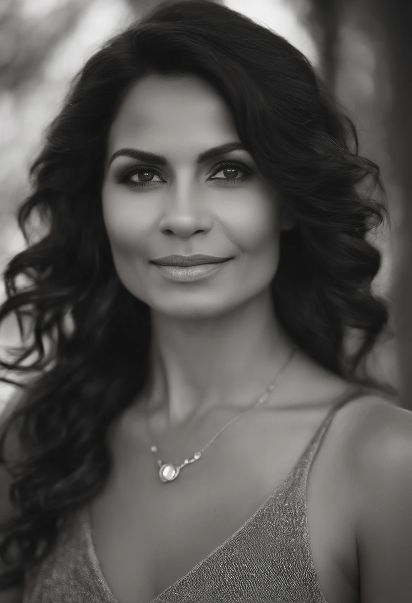 A 49-year-old Latina woman with short brunette hair. Her dark brown eyes are fixed on the camera, conveying serenity and spiritual wisdom. She wears light clothes that emanate spirituality, in a mystical and illuminated environment, where the soft light highlights her calm and mysterious aura. She has dark skin, which seems to exude a natural glow. Her hair is short, with a cut that highlights her confident and spiritual expression. The strands are the color of ebony, with some natural highlights that shine softly in the light. Her eyebrows are well defined and complement her expressive eyes. Dark brown eyes are deep and penetrating, reflecting a wisdom that comes from enriching life experiences. They seem capable of seeing beyond appearances and delving into the depths of the human spirit. Her face is serene, with soft features that suggest compassion and empathy. She has a gentle smile that radiates calmness and confidence. Her presence is welcoming and inspiring, making thos