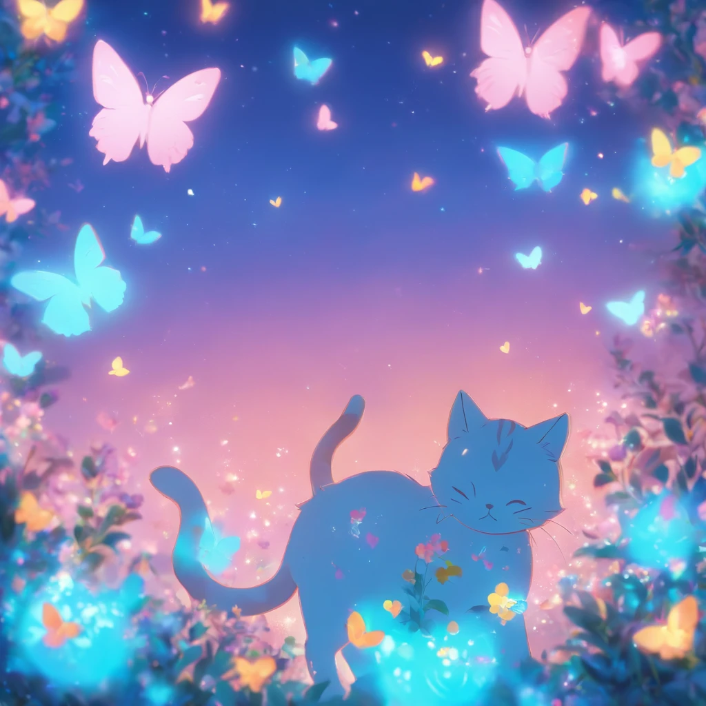 Cat in the circle,a closeup,(without background:1.5),T-shirt logo,Sticker Logo,Cutting art,(Girl and cat facing each other with a smile), Flowers in the background, White butterfly in the foreground, Realistic shooting, depth of fields, Soft front light, Glow, nffsw (PastelColors: 1.2), Canon RF 100mm f2.8L 宏 IS USM