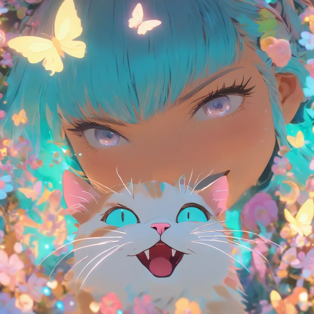 Cat in the circle，a closeup，（without background：1.5），T-shirt logo，Sticker Logo，Cutting art，（Girl and cat facing each other with a smile）， Flowers in the background, White butterfly in the foreground, Realistic shooting, depth of fields, Soft front light, Glow, nffsw (PastelColors: 1.2), Canon RF 100mm f2.8L 宏 IS USM