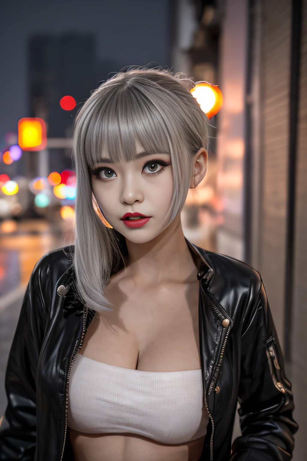 lucy \(cyberpunk\), 1girl, hair scrunchie, hime cut, silver hair, colored tips, full moon, grey eyes, jacket, long sleeves, looking at viewer, medium hair, multicolored hair, parted bangs, parted lips, pink hair, portrait, red eyeliner, red lips, solo, white jacket, cyberpunk \(series\), rainy night in a cyberpunk city with glowing neon lights