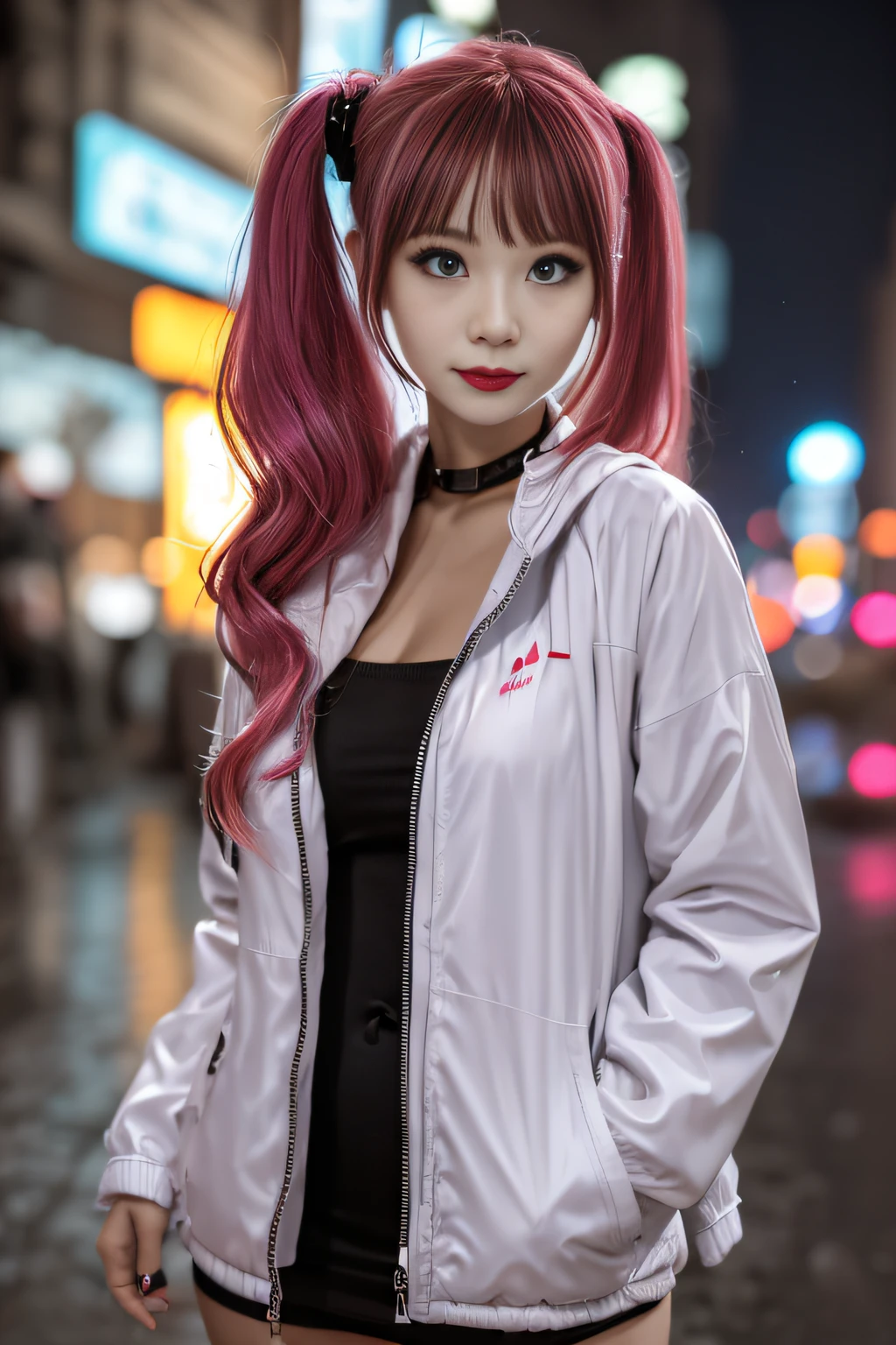 lucy \(cyberpunk\), 1girl,  hair scrunchie, hime cut, silver hair, colored tips, full moon, grey eyes, jacket, long sleeves, looking at viewer, medium hair, multicolored hair, parted bangs, parted lips, pink hair, portrait, red eyeliner, red lips, solo, white jacket, cyberpunk \(series\), rainy night in a cyberpunk city with glowing neon lights
