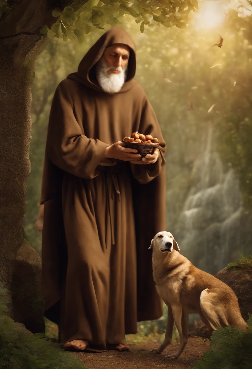 Describe a picture of St. Francis of Assisi in detail. Na cena, St. Francis is represented as a man of average height, dressed in a dark brown habit with a rope belt tied to his waist. he's barefoot, displaying the bare feet that are a hallmark of his devotion to simplicity.

St. Francis' face is illuminated by a serene and compassionate expression. His eyes are deep and full of kindness, and his gaze seems to be turned to heaven in divine reverence. Uma aura de paz irradia de sua figura.

In one hand, San Francisco holds a small bird, symbolizing his love and respect for all of God's creation. The bird rests softly on its open palm, manifestando a harmonia que ele buscava entre os seres humanos e a natureza.

A seu lado, vemos um lobo deitado, which symbolizes the legend of St. Francis taming Gubbio's ferocious wolf with love and compassion. The wolf looks at St. Francis with confidence and submission.

Behind San Francisco, There is a setting of a natural and serene environment, with trees, flores e um riacho que flui suavemente. The soft sunlight shines through the leaves of the trees, criando um ambiente de paz e harmonia.

The image of St. Francis of Assisi is a touching representation of his devotion to the faith, to nature and peace. It captures the essence of his loving personality and his mission to care for the less fortunate, of God's creation and of all living beings