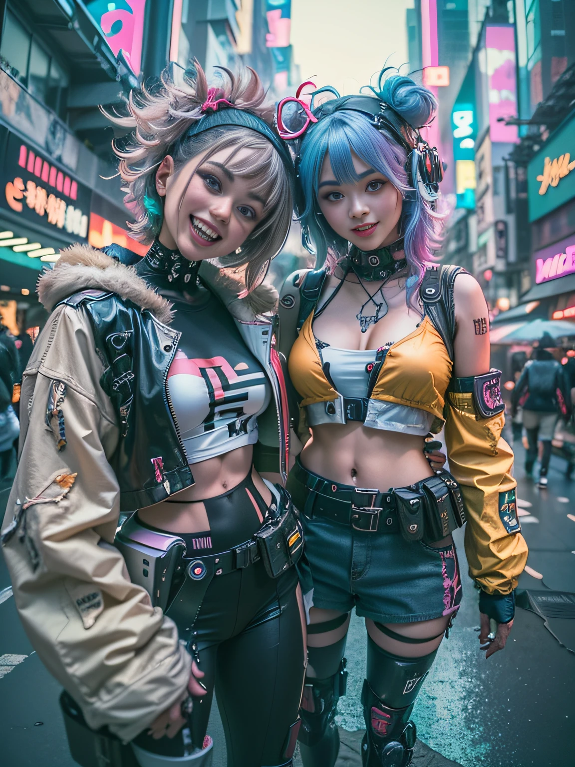 masterpiece, best quality, 2 ((smiling)) cyberpunk girls standing together, Harajuku-inspired cyberpunk body harness, bold colors and patterns, eye-catching accessories, trendy and innovative hairstyle, dazzling Cyberpunk cityscape, skyscrapers, glowing neon signs, LED lights, anime illustration, detailed skin texture, detailed cloth texture, beautiful detailed face, intricate details, ultra detailed, cinematic lighting, strong contrast. INFO