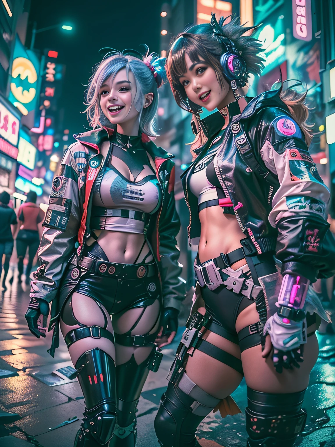 ((2 cyberpunk girls wearing Harajuku Tech costumes), (fisheyelens), self-shot, Cowboy shot, Wind, Messy hair, cyberpunk city landscape, (Aesthetics and atmosphere:1.2),Smiling, Laughing