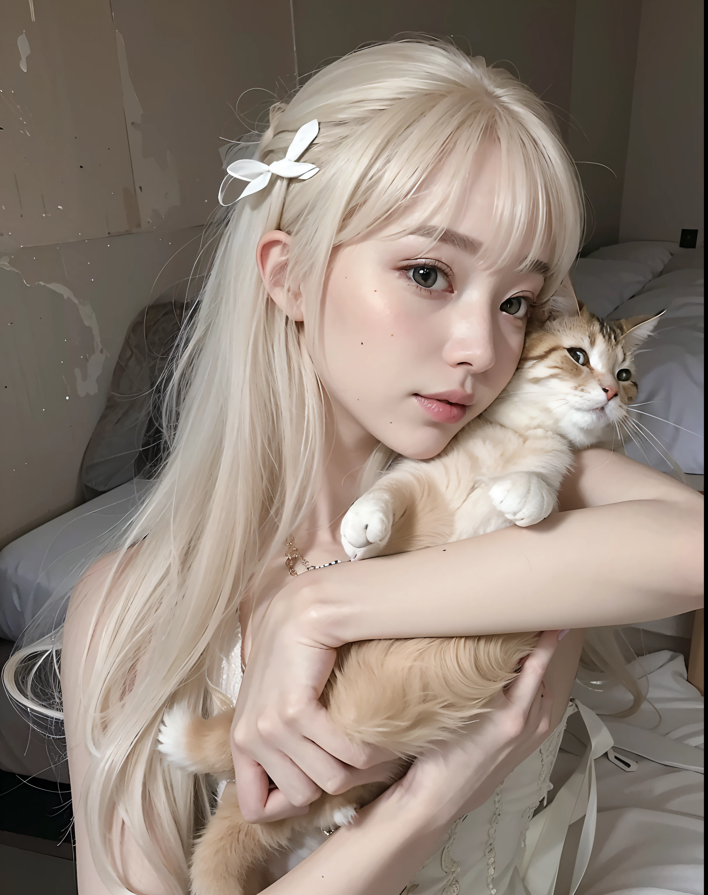 Blond-haired girl holding a cat in her arms, longos cabelos brancos e franja, com cabelos longos brancos, com longos cabelos brancos, do gato branco, Branco ( Gato ) garota, muito bonita gatinha fofa, meninaatraente, branco hime corte penteado, pale hair, longos cabelos brancos, menina perfe cabelos brancos, cabelos brancos, cabelos brancos, Ulzzang