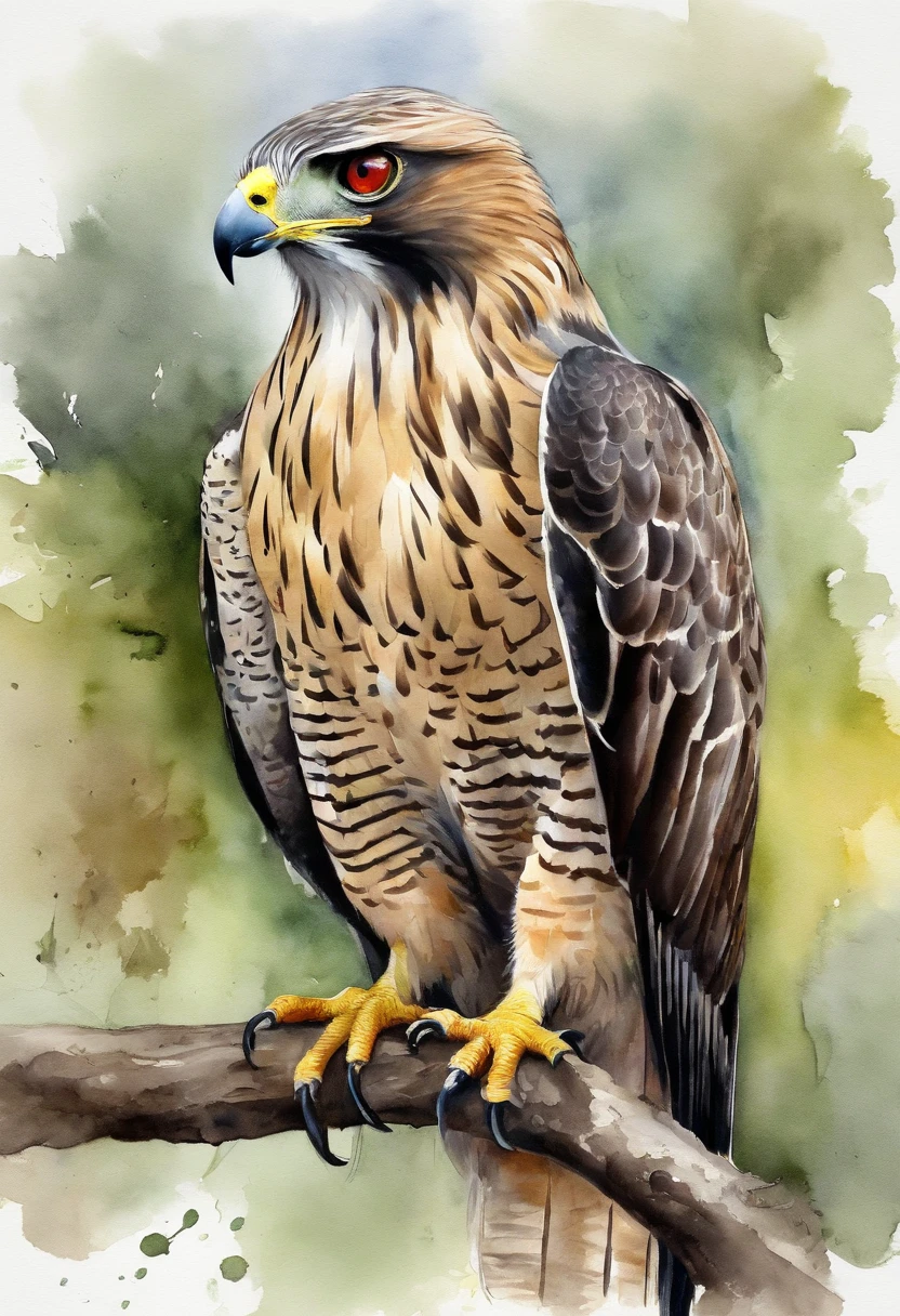 painting of a hawk with a red - tailed tail and yellow eyes, masterful detailed watercolor, watercolor painting style, beautiful painting of a tall, falcon bird face, watercolor detailed art, realistic watercolour, watercolour realistic, watercolor painting, art of alessandro pautasso, detailed watercolor painting, rich aquarel, animal portrait, animal painting, watercolor digital painting