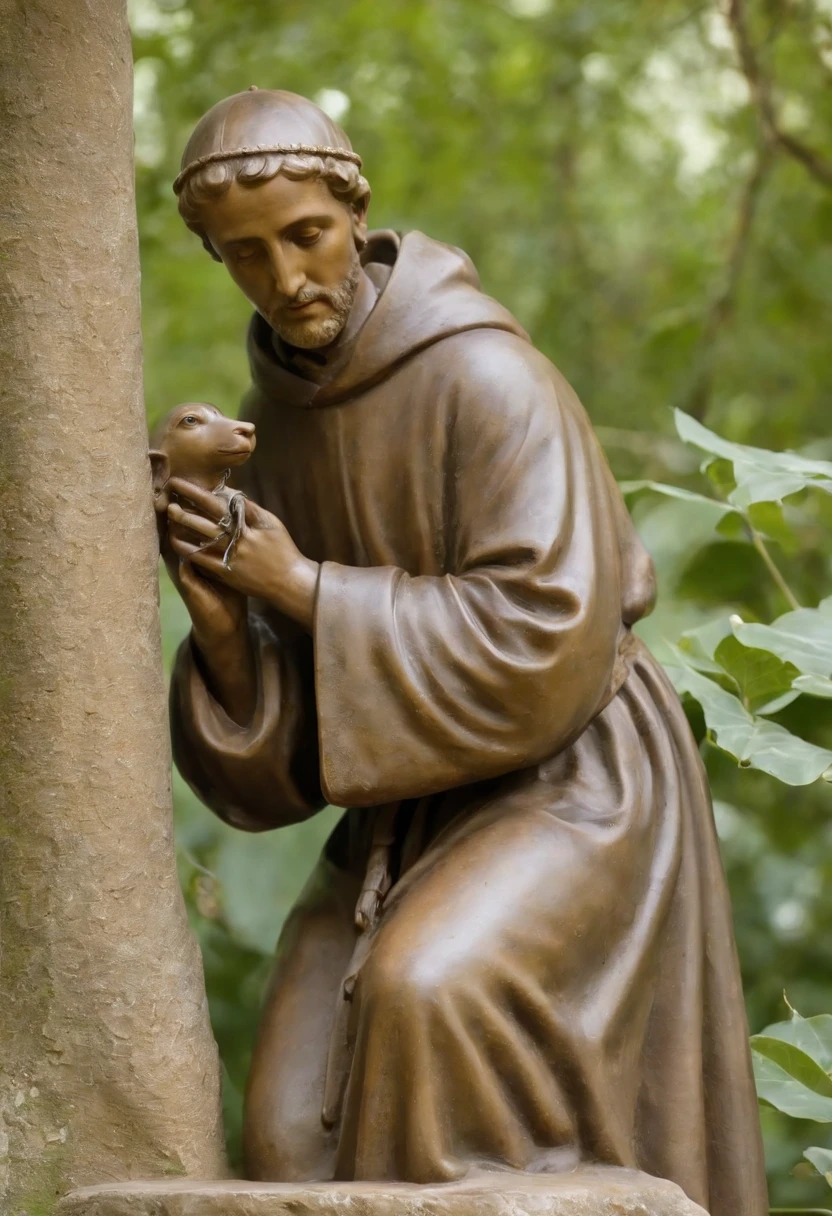 Describe a picture of St. Francis of Assisi in detail. Na cena, St. Francis is represented as a man of average height, dressed in a dark brown habit with a rope belt tied to his waist. he's barefoot, displaying the bare feet that are a hallmark of his devotion to simplicity.

St. Francis' face is illuminated by a serene and compassionate expression. His eyes are deep and full of kindness, and his gaze seems to be turned to heaven in divine reverence. Uma aura de paz irradia de sua figura.

In one hand, San Francisco holds a small bird, symbolizing his love and respect for all of God's creation. The bird rests softly on its open palm, manifestando a harmonia que ele buscava entre os seres humanos e a natureza.

A seu lado, vemos um lobo deitado, which symbolizes the legend of St. Francis taming Gubbio's ferocious wolf with love and compassion. The wolf looks at St. Francis with confidence and submission.

Behind San Francisco, There is a setting of a natural and serene environment, with trees, flores e um riacho que flui suavemente. The soft sunlight shines through the leaves of the trees, criando um ambiente de paz e harmonia.

The image of St. Francis of Assisi is a touching representation of his devotion to the faith, to nature and peace. It captures the essence of his loving personality and his mission to care for the less fortunate, of God's creation and of all living beings