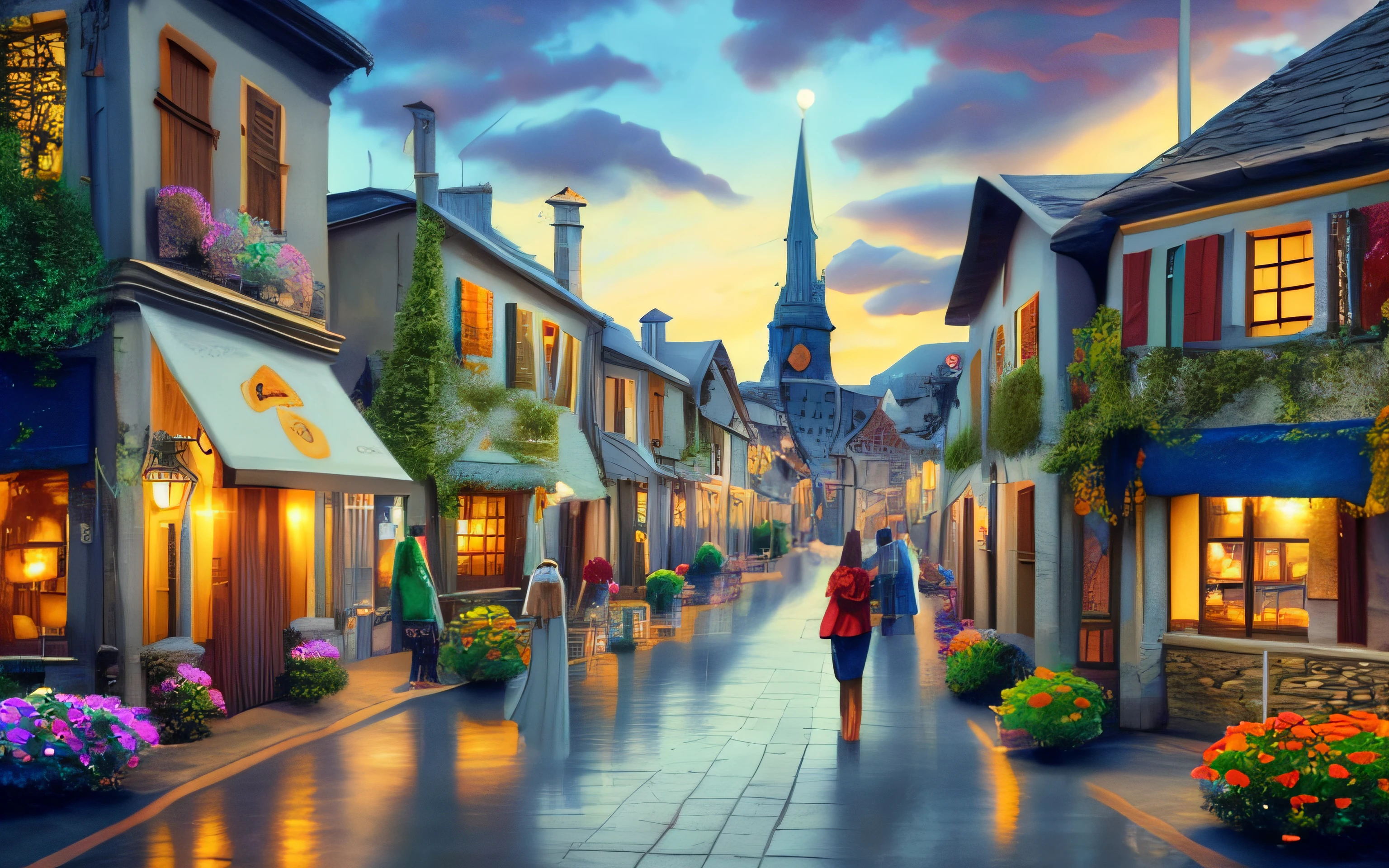 a woman walking down a street in a town at dusk, a bustling magical town, outdoors european cityscape, french village exterior, digital painting of zurich, realistic photo of a town, medeival fantasy town, beautiful cityscape, old town, traveling in france, fantasy town, colorful city, beautiful art uhd 4 k, quaint village, beautiful small town