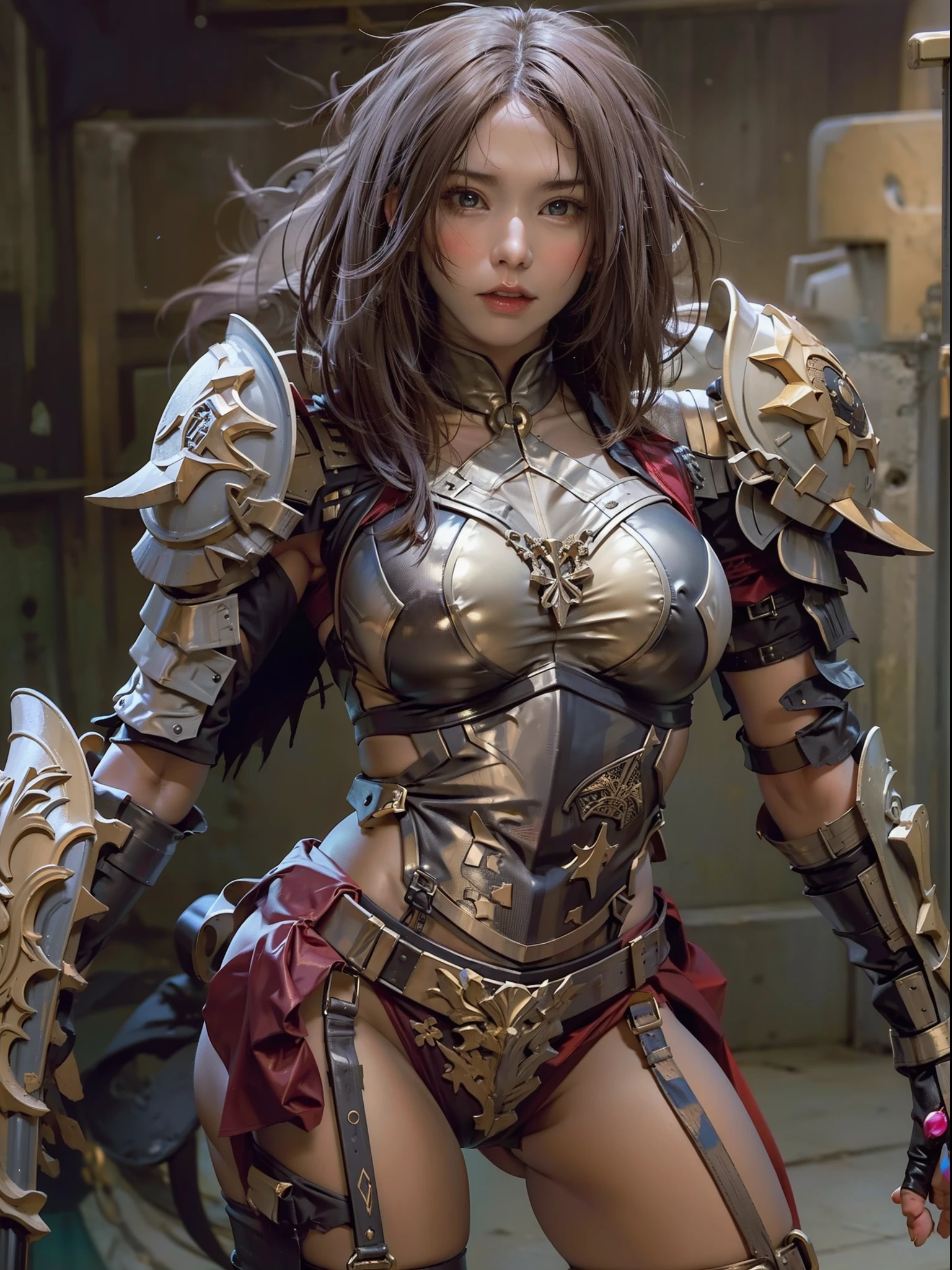 a woman kneeling down with a sword in her hand,very beautiful cyberpunk samurai,she is holding a katana sword,unsheathing her katana,she is holding a sword,ornate korean polearm behind her, realistic anime 3D style, cgsociety 9,2.5D cgi anime fantasy artwork, 3 d anime realistic.pose beautiful.redAssassin.Standing and sitting with his hands on his knees, Carry the sword on your shoulder.(Stand with your arms crossed over your chest, your back against the wall).hair white.