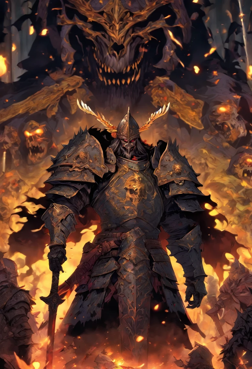 Living dead corpse of a general with medieval armour and holding a gigant Warhammer on his hand. He is mounting a dead horse. This dead corpse wields a ring on his other hand. His eyes are yellow and is searching a fight for killing. Dungeon and dragons, dark fantasy.
