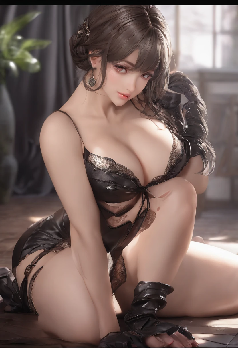 ((Best Quality, 4K, Masterpiece: 1.3)), a pretty girl with perfect figure: 1.4, dark brown hair, medium hair, large breasts, highly detailed facial and skin texture, detailed eyes, double eyelids, fresh skin, high angle, teacher, gray bra, gray pantie, gray bra, wet body, sweat, dynamic pose, wet body, in the studio, very sexy pose, sitting on the floor