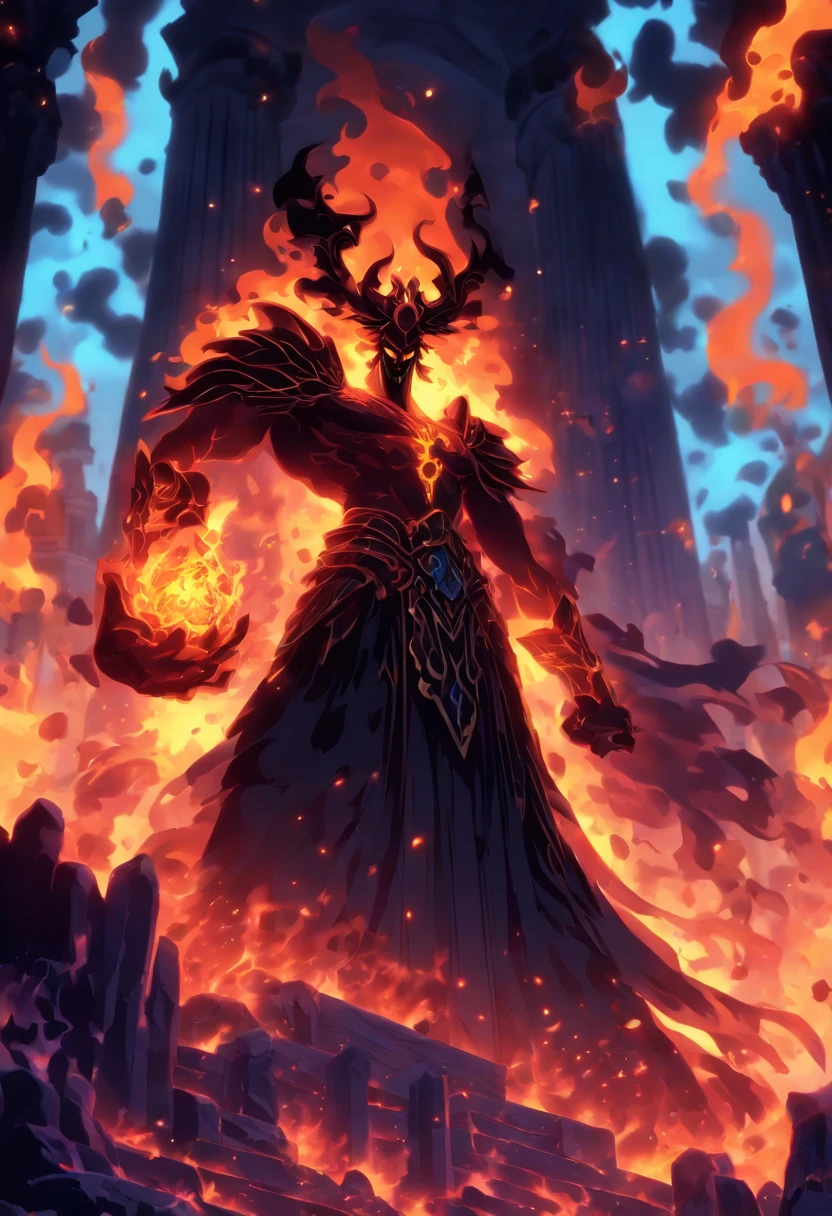 (((Hades )))best quality, very high resolution, 4K detailed CG, master piece, Greek mythology, Hades, god of the underworld, fire, flames, Greece, Roman armor, Greek ruins, Greek garden, Greek columns, (( flame particles )), Roman mythology, god Pluto, beautiful aesthetics, Beautiful image, centered on the screen