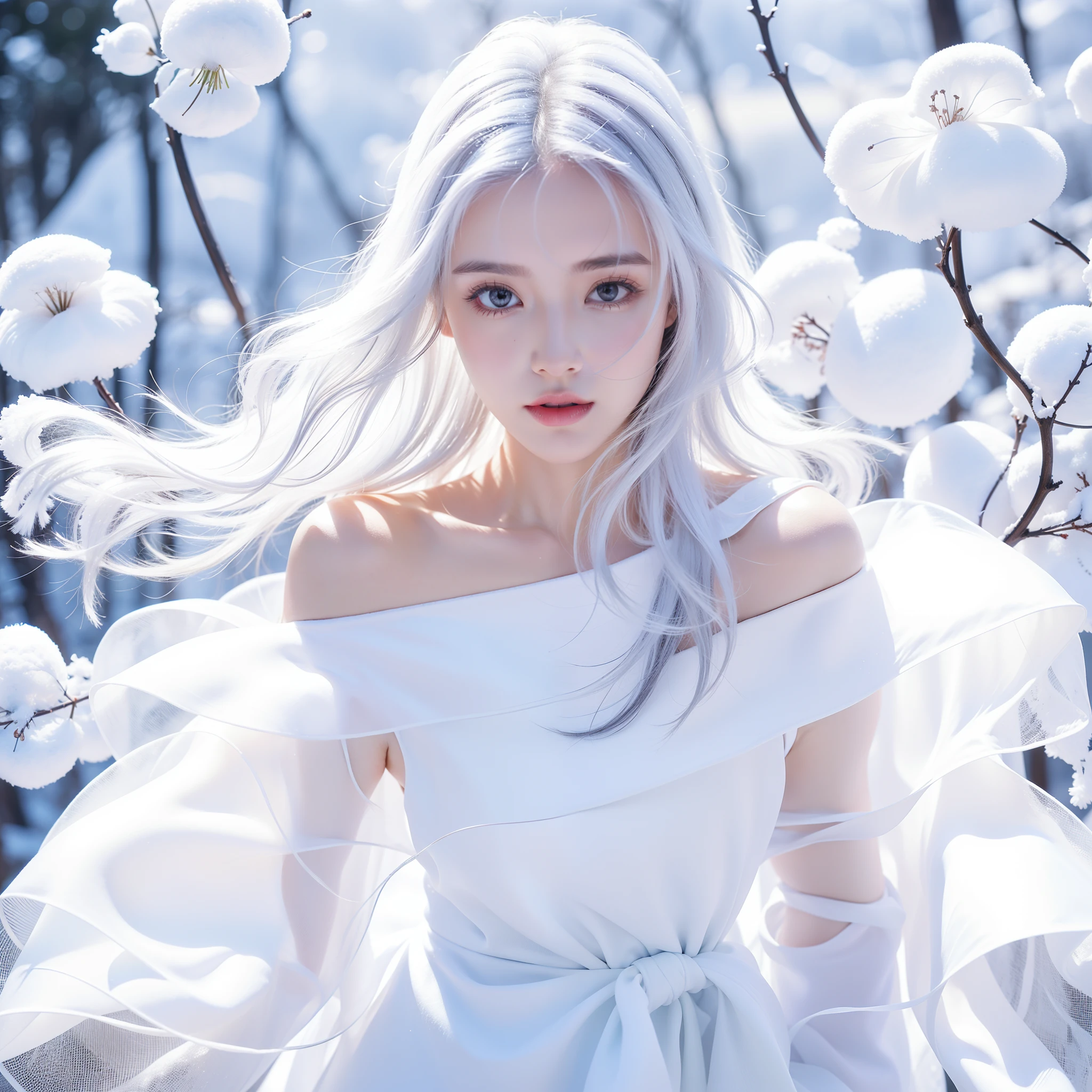1girll,(Snow,Ice), snowflower, In winter, White hair, Shiny hair, Wavy hair, Transparent clothes, frilld, Lace, Wet clothes, Off_Shoulder, hair scrunchie,Masterpiece, Telephoto lens, absurderes, Exquisite facial features