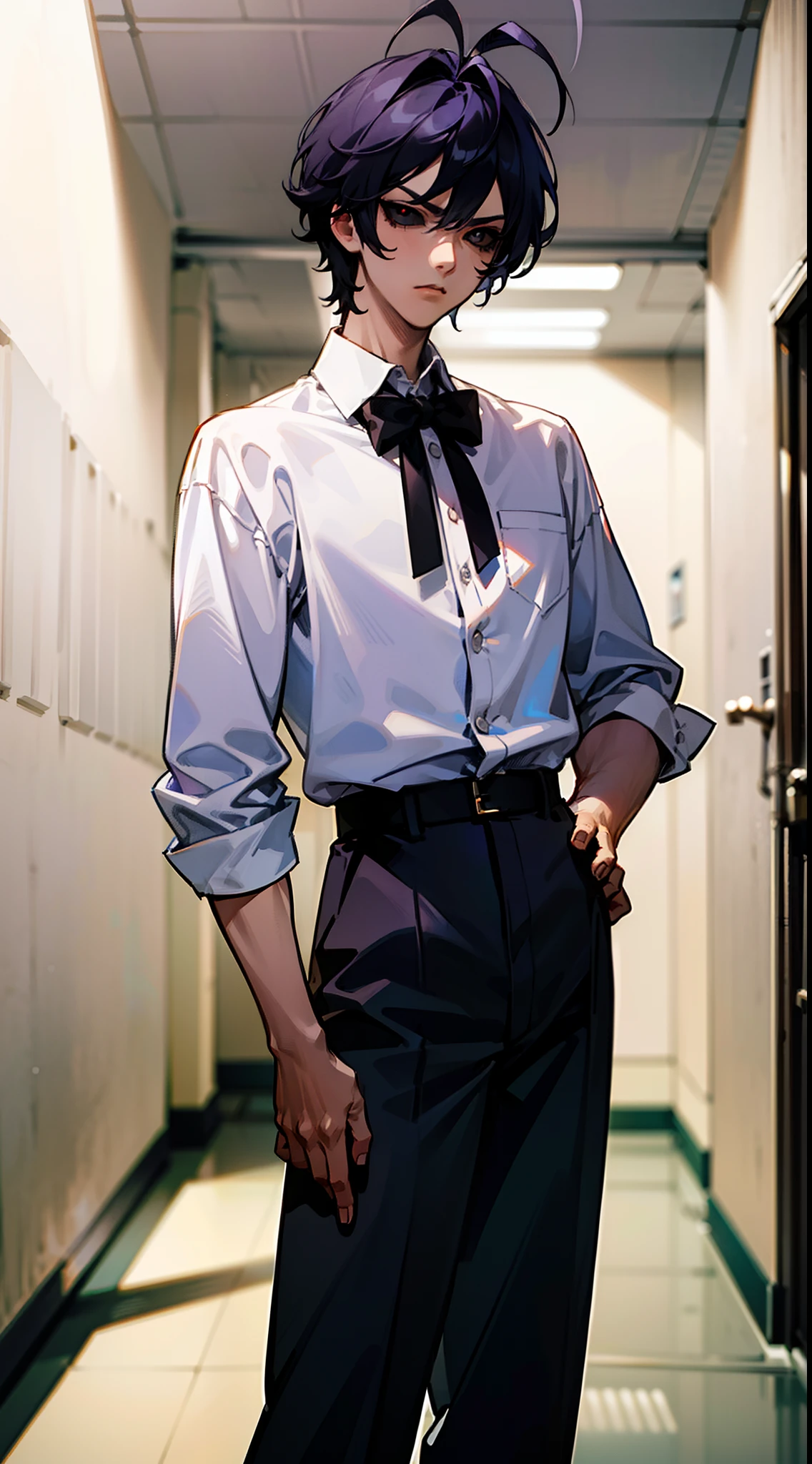 (Original Character,8k, Masterpiece, Best Quality,Detailed, Beautiful Detailed Eyes, solo),1boy,male face, white shirt,black pants,solo,medium hair,black tie,(((hair 2antenna))),black eyes,purple hair,black sclera,(standing in a school hallway,),serious,cowboy shot