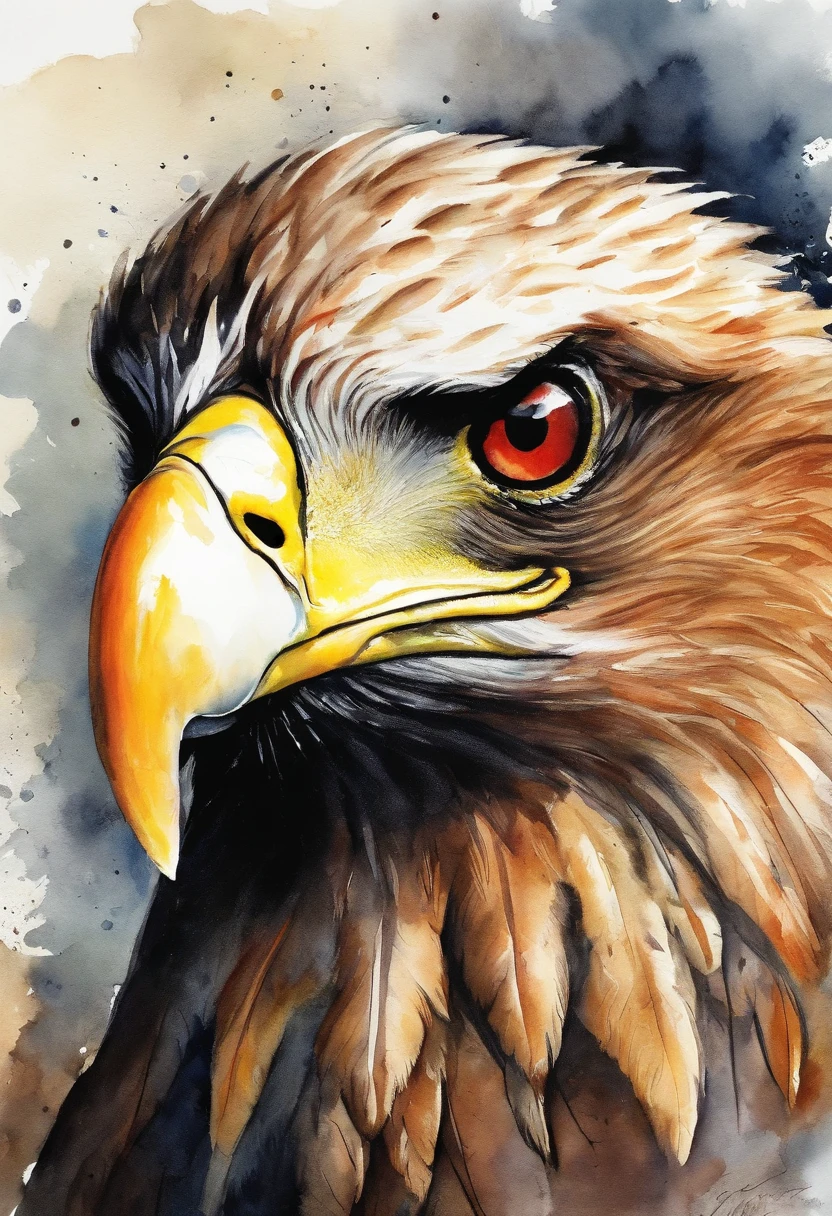 painting of an eagle with red wavy tails and yellow eyes, masterfully detailed watercolor, watercolor painting style, tall, beautiful painting of eagle bird face, watercolor detailed art, realistic watercolor, watercolor realistic, watercolor painting, the art of alessandro pautasso, detailed watercolor painting, rich aquarel, animal portrait, animal painting, watercolor digital painting