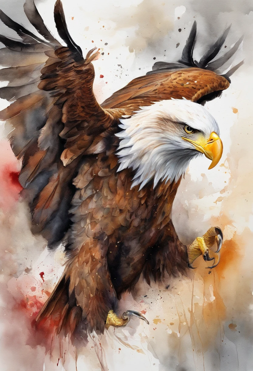 painting of an eagle with red wavy tails and yellow eyes, masterfully detailed watercolor, watercolor painting style, tall, beautiful painting of eagle bird face, watercolor detailed art, realistic watercolor, watercolor realistic, watercolor painting, the art of alessandro pautasso, detailed watercolor painting, rich aquarel, animal portrait, animal painting, watercolor digital painting