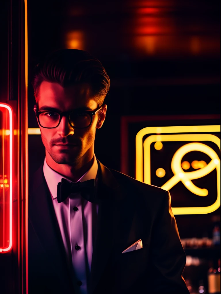 Portrait of an extremely handsome American man dressed in elegant clothing, Illuminated by the vibrant neon lights of a stylish bar. Man exudes sophistication and masculinity, his composure capturing the essence of Parisian sexuality. Her clothes are modern and sexy. Neon lights cast a colorful glow on his face, accentuating his beautiful features and adding a contemporary touch to the scene. The atmosphere of the bar buzzes with energy, with the soft murmur of conversations and the rattling of glasses in the background. The composition of this photo is carefully elaborated, capturing the look of the man and the atmosphere of the bar in perfect harmony. Photographed by Paolo Roversi, using a Leica SL2 with a 50mm lens, Lighting combines bar neon lights with subtle fill light, Create a very realistic image captivating and glamorous.