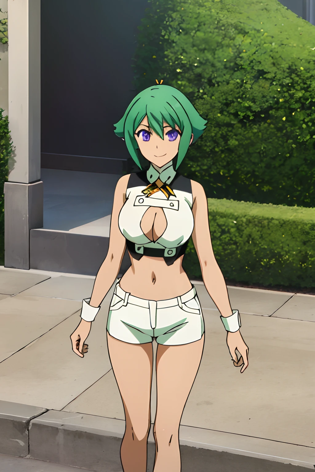 zessica wong, green hair, short hair, hair ribbon, purple eyes, large breasts, revealing clothes, clothing cutout, cleavage cutout, sleevless, white short shorts, ascot, looking at viewer, smile, 1girl, solo