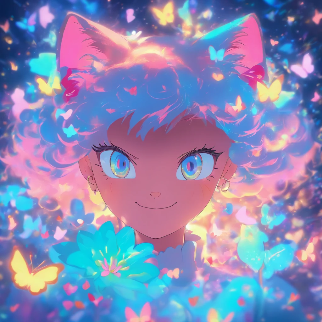 Cat in the circle,a closeup,(without background:1.5),T-shirt logo,Sticker Logo,Cutting art,(Girl and cat facing each other with a smile), Flowers in the background, White butterfly in the foreground, Realistic shooting, depth of fields, Soft front light, Glow, nffsw (PastelColors: 1.2), Canon RF 100mm f2.8L 宏 IS USM