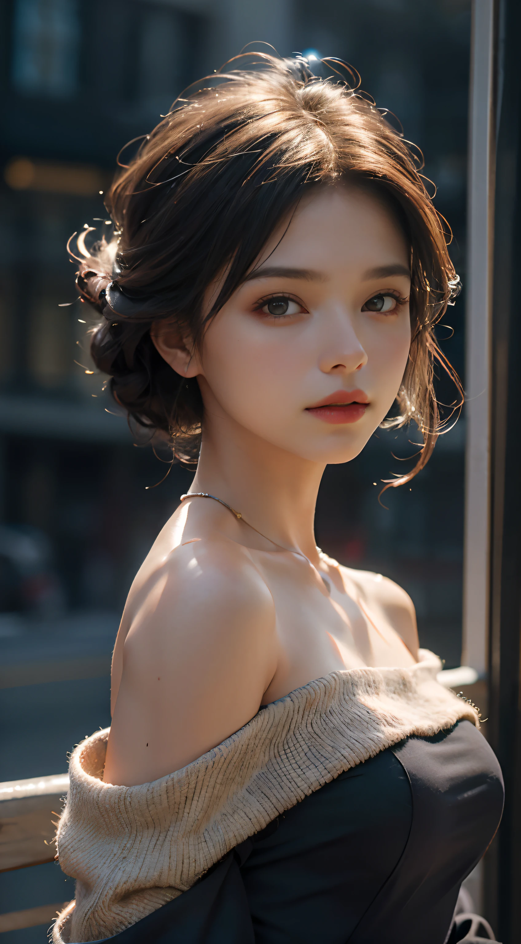 Best quality, masterpiece, ultra high res, (photorealistic:1.4), raw photo, 1girl, off shoulder, cinematic lighting,A beautiful girl,Shoulders exposed skin,Flat Chest,Small breasts,