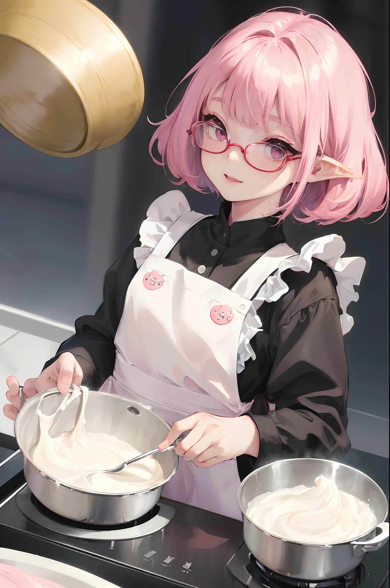 Outrageous resolution、masterpiece++、top-quality++、ultra-definition++、ultra-definition++、4K++、8K++、(((pinafore))),masterpiece、top-quality、Ultra Detail、, 1girl in,beautiful lighting、1girl with、Baby、、with round face、innocent smiles、(((3 year olds)))、(((toddlers)))、(((A lovely child)))、(((Toddler Girl)))、(((cuisine)))、(((cooking a)))、(((Apron)))、(((kitchin)))、(((Hand Mixer)))、(((Heavy cream)))、(((whipped cream)))、childish、Small children、Height 70cm、A lovely child、Red glasses(((Red glasses)))、little blush、Young Face、Small children、girl with、kawaii、(shiny lip:1.1)、(beautidful eyes:1.1)、short-hair、bob cuts、Platinum Pink Hair、Red glasses、Platinum pink eyes、elf-ears、Well-formed face、flat chest、A smile、masutepiece、Best Quality、High resolution、Cowboy Shot、From Side、Pale skin staring at the viewer、Curve、Blunt bangs、lightsmile、stage,detailed beautiful faces、detailed shiny eyes、Detailed skin、full bodyBREAK、detaileds、realisitic、Highly detailed digital art in 4K、octan render、bio luminescent、BREAK8K Resolution Concept Art、真实感、Studio Map、masterpiece、top-quality、Official art、illustratio、ligne claire、(Cool_Color)、perfect-composition、absurderes、Fantasia、Focused、thirds rule