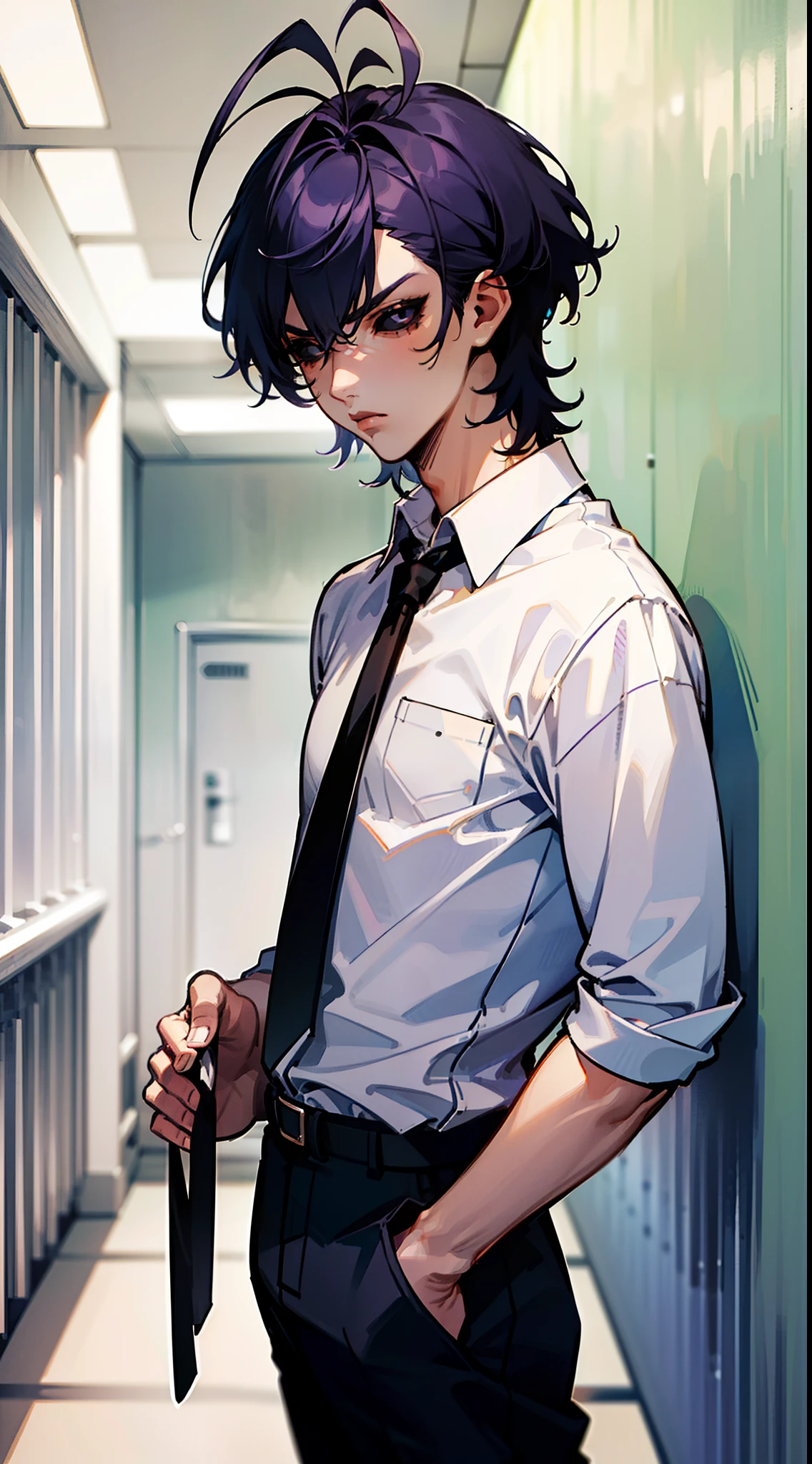 (Original Character,8k, Masterpiece, Best Quality,Detailed, Beautiful Detailed Eyes, solo),(1boy,male face), white shirt,black pants,solo,medium hair,black tie,(((hair 2antenna))),black eyes,purple hair,black sclera,(standing in a school hallway,),serious,cowboy shot