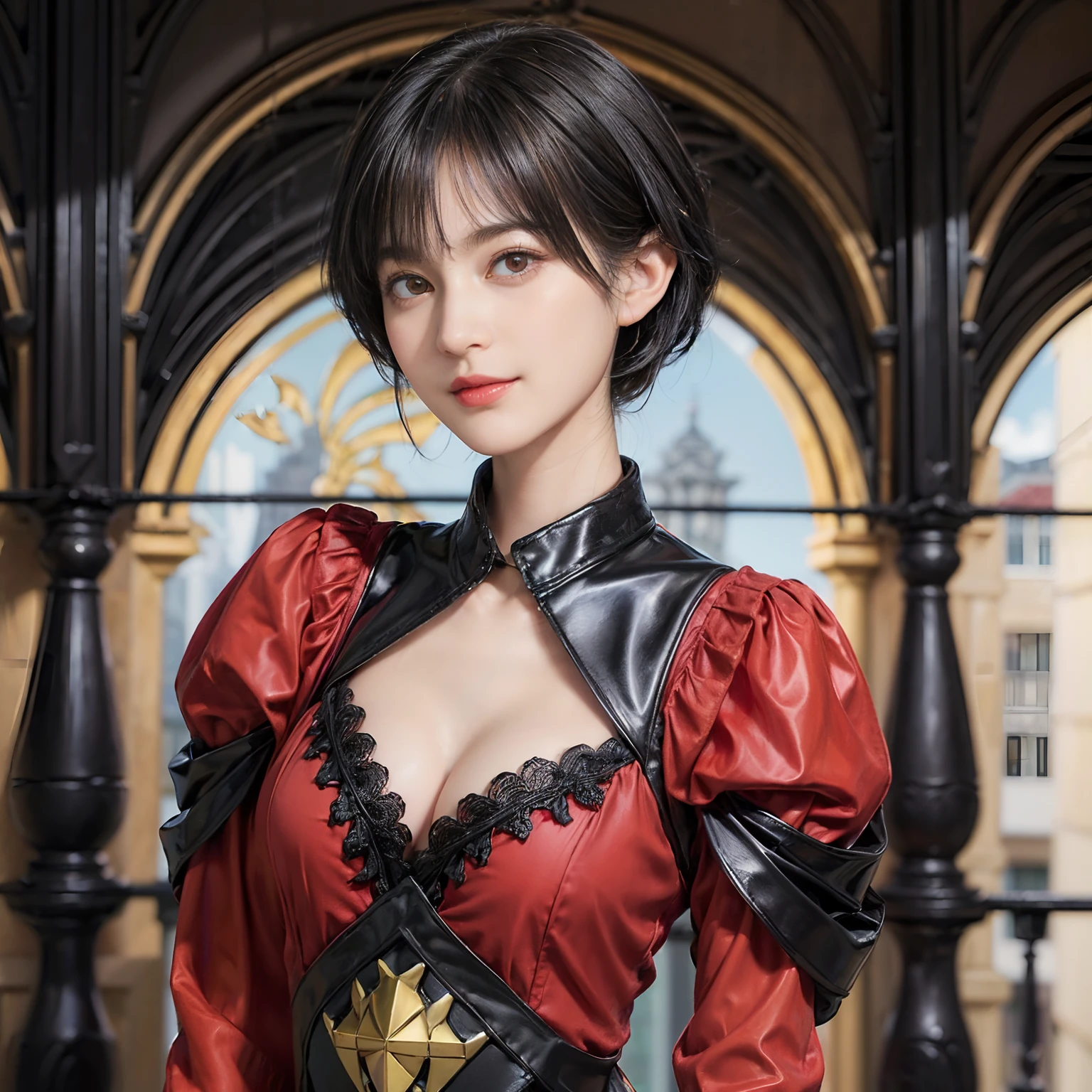 (trickart:1.3), (trompe l'oeil), Wonder Painting, (Maurits Escher:1.2), (Maurits Escher), (Black Shorthair:1.3), (a 20 yo woman), (A hyper-realistic), (Masterpiece), (8KUHD), Beautiful woman, a smile, (Wearing red clothes:1.3), breast