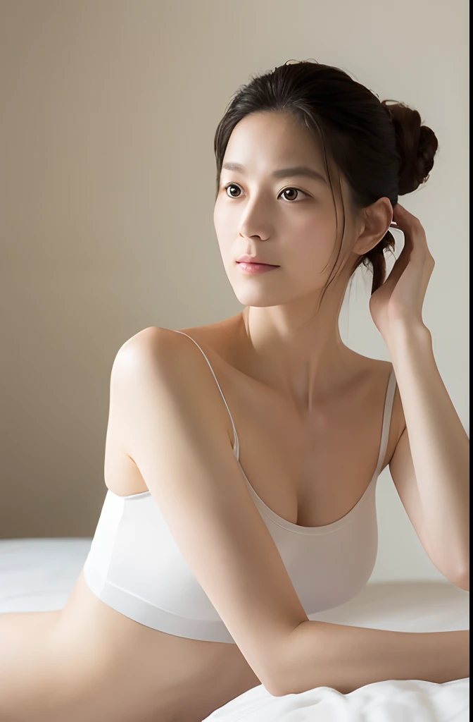 Female in her 30s、One bun hair, Face without makeup, silky white skin, on the beds、Wearing a white camisole、arms folded, Studio Lighting、Calm look