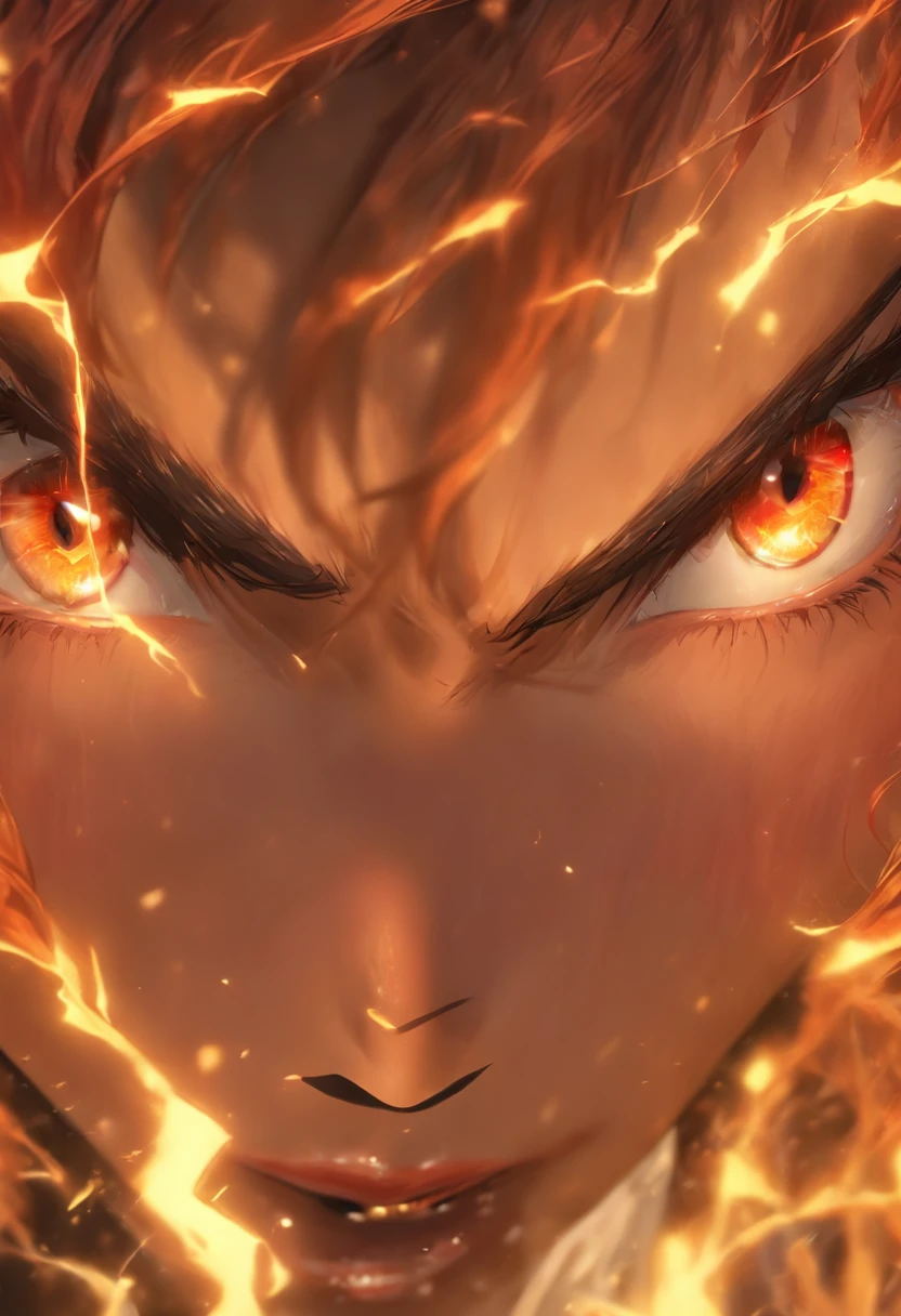 (best quality,4k,8k,highres,masterpiece:1.2),ultra-detailed,(realistic,photorealistic,photo-realistic:1.37),portrait:1.1, illustration, 1 mage:(eyes:1.1,nose:1.1,lips:1.1,beautiful detailed eyes,beautiful detailed lips,extremely detailed eyes and face,long eyelashes),young woman female magician, brutal face, long red hair with golden eyes,light ,unstable anomaly ,golden and black colors,dark lightning,depth of field