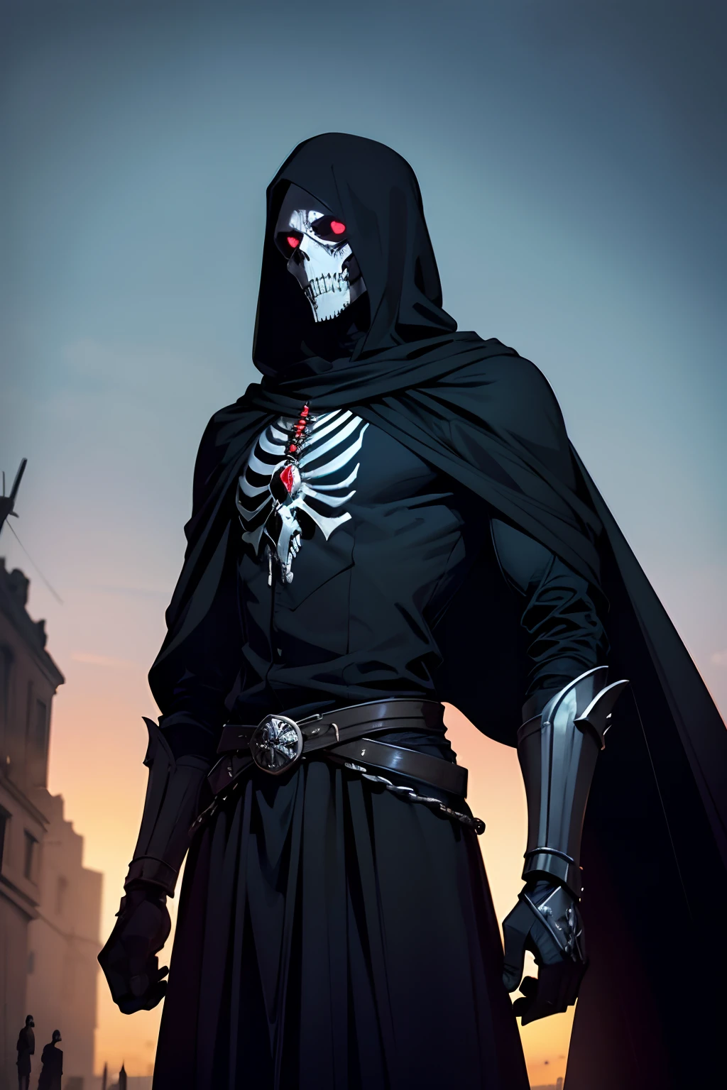 masterpiece,best quality,(1boy:1.2),solo,cowboy shot,male focus,teeth,glowing,cloak,black background,skull,hood,looking ahead,alone,assassin,press forward with indomitable will,halo,<lora:kadabura_2D-52:0.7>,