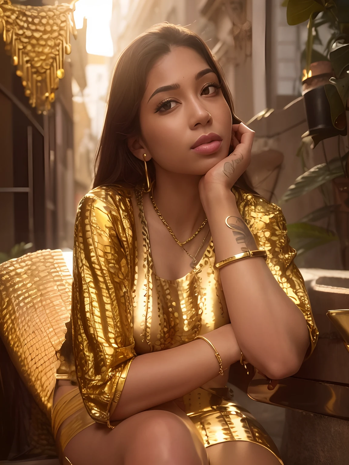 A hot girl who siting with a Dangerous snake round her neck, curly hair, long gold chain, bikini,