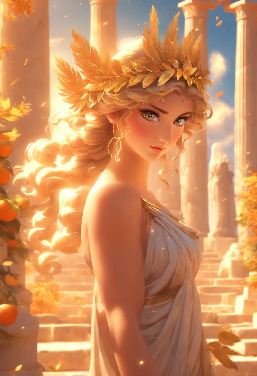 (((Greek goddess)))best quality, very high resolution, 4K detailed CG, master piece, Greek mythology, Demeter, goddess of agriculture, plantations, harvesting, vegetable garden, Greece, agriculture, Greek ruins in the background, Greek garden, columns Greek,((Roman goddess Ceres)),Roman mythology,goddess of the harvest,goddess of cultivation,aesthetics,Beautiful image,centered on the screen