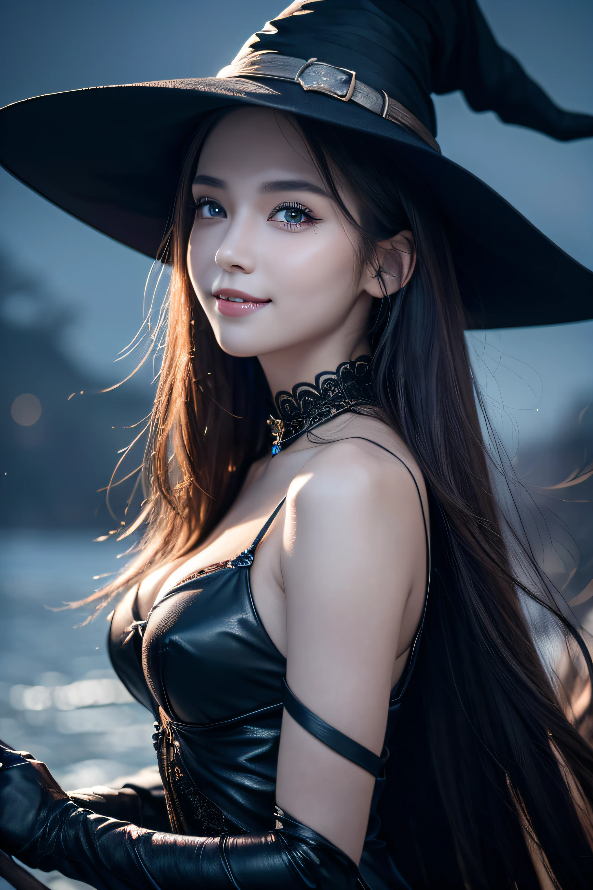 ((Best Quality, 8K, Masterpiece: 1.3)),Sharp: 1.2,Perfect Body Beauty: 1.4,cute girl,Highly detailed face and skin texture,detailed eyes,double eyelids,((fantasy)),((witch)),smile,wide shot,blue hour
