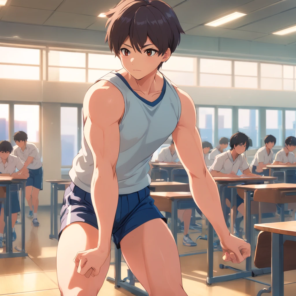 younge boy, Short-sleeved school uniform for male students，Swollen muscles，，adolable，Handsome，Show a strong body in an empty classroom, Sharply defined、fine muscles,sweat shorts，deltoids，Biceps，chest muscle，Abs，trapezius muscle，Latissimus dorsi，triceps，Quadriceps，