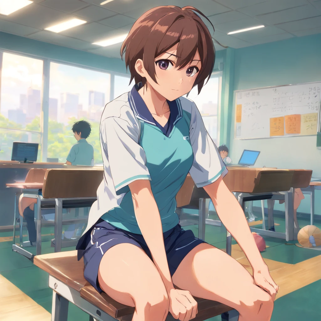younge boy, Short-sleeved school uniform for male students,Swollen muscles,junior school student,adolable,Handsome,Show a strong body in an empty classroom, Sharply defined、fine muscles,sweat shorts,deltoids,Biceps,chest muscle,Abs,trapezius muscle,Latissimus dorsi,triceps,Quadriceps,