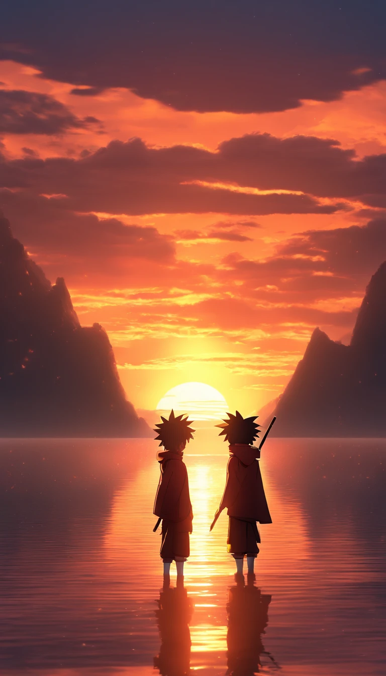 Naruto and Luffy stand face to face in an epic showdown, their silhouettes against a fiery sunset backdrop, cinematic, dramatic, lighting.